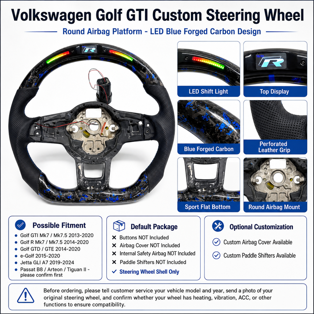 Volkswagen Golf GTI Mk7 and Mk7 5 2013 to 2020 LED blue forged carbon steering wheel feature board CJ Mod Garage