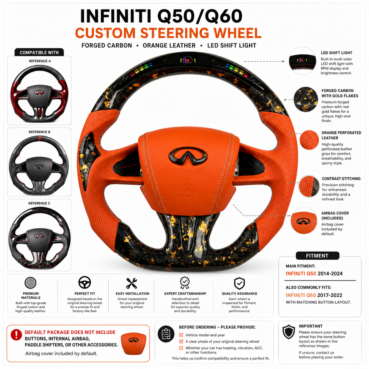 Infiniti Q50 Q60 performance steering wheel in forged carbon with gold flakes orange perforated leather matching airbag cover and integrated LED lights by CJ Mod Garage