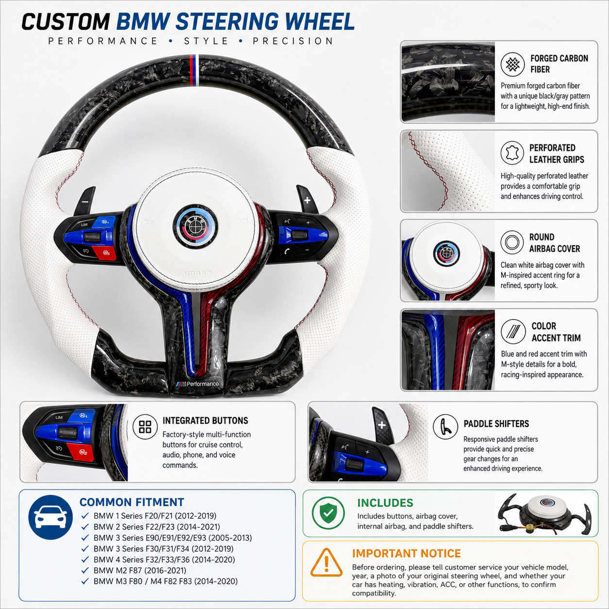 Forged Carbon Fiber Steering Wheel for BMW F10 F11 F15 F18 F20 F23 F25 F30 F32 F35 F40 F80 E84 E87 E90 E92 E93 2005~2019-CJ Mod Garage 3