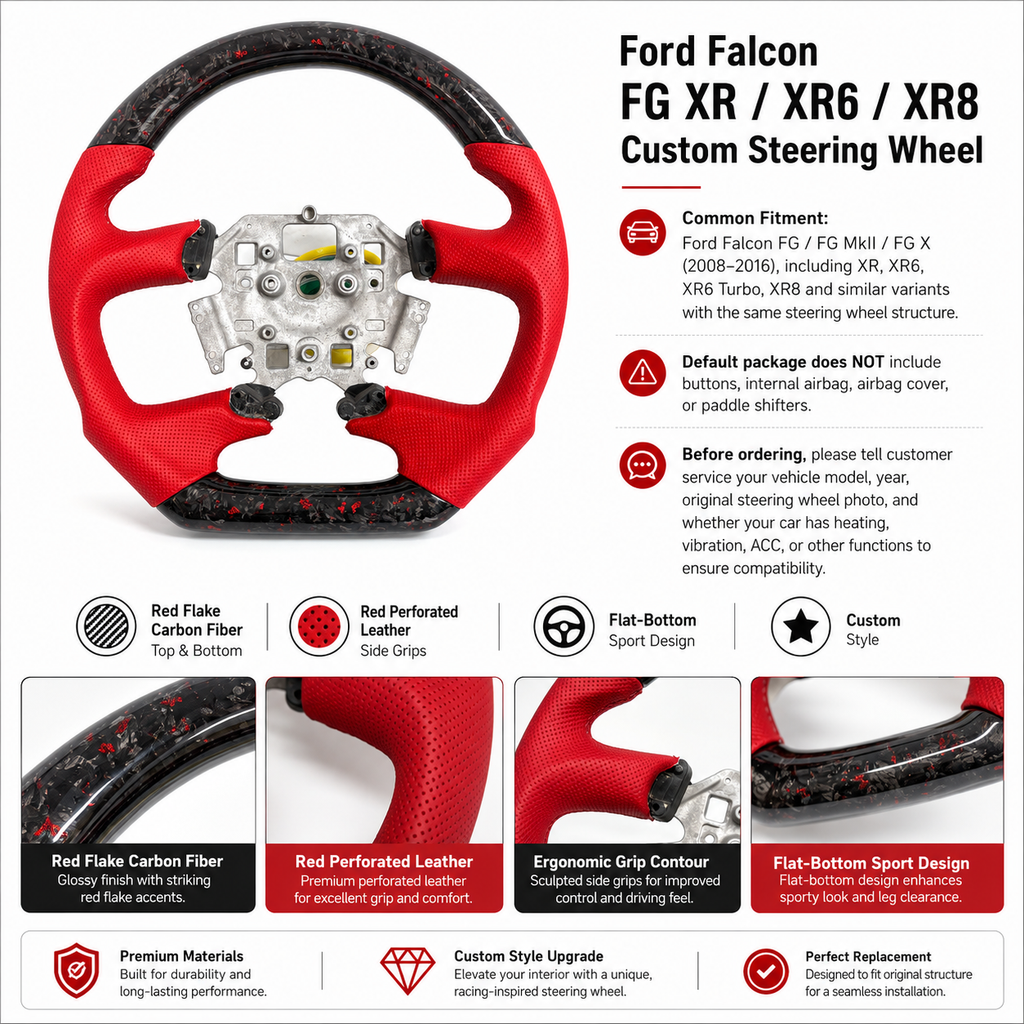 Ford Falcon FG XR XR6 XR8 custom steering wheel infographic showing red flake forged carbon red perforated leather and flat bottom design by CJ Mod Garage