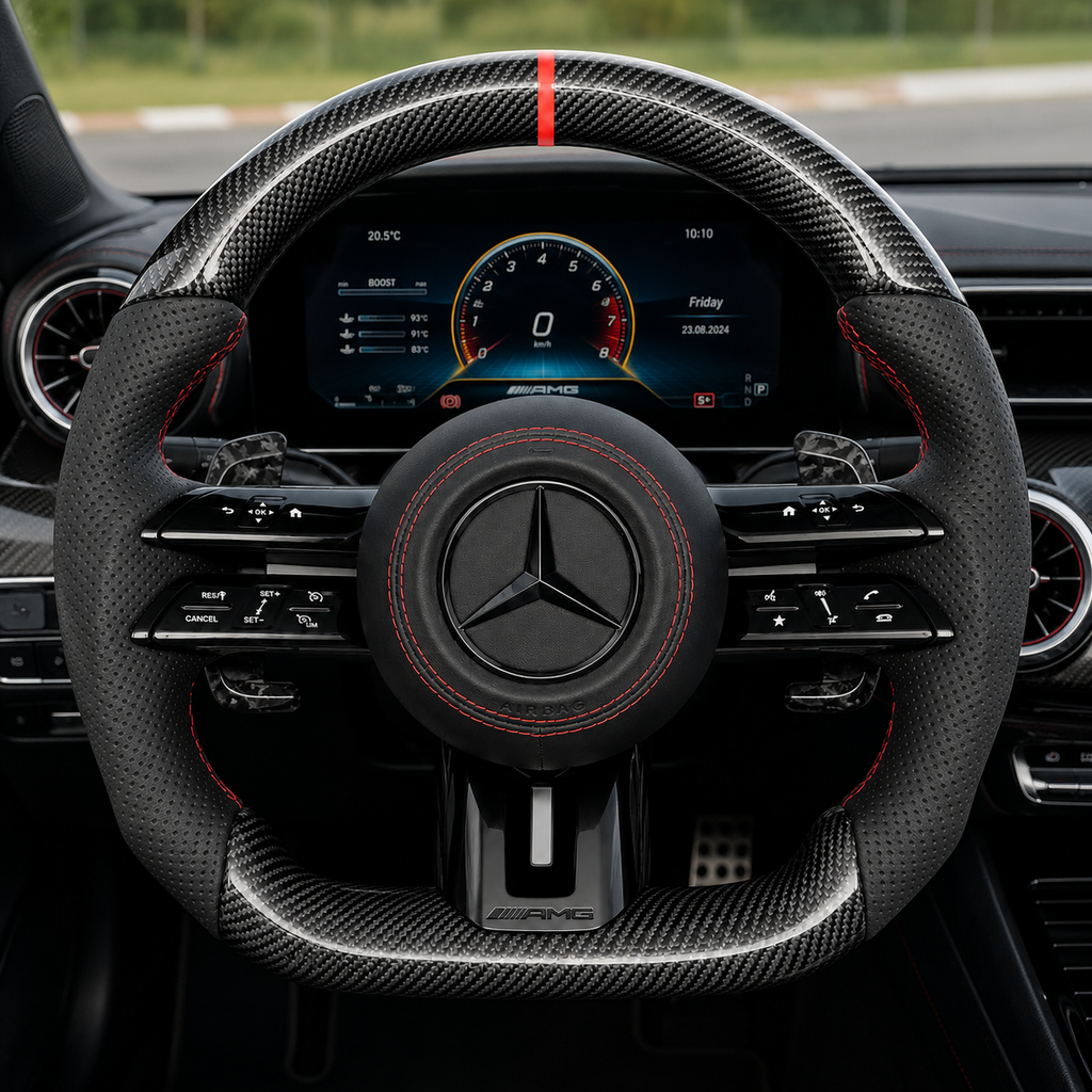 Mercedes W177 A35 A45 2019-2024 carbon fiber Dragonfly steering wheel with red stitching by CJ Mod Garage