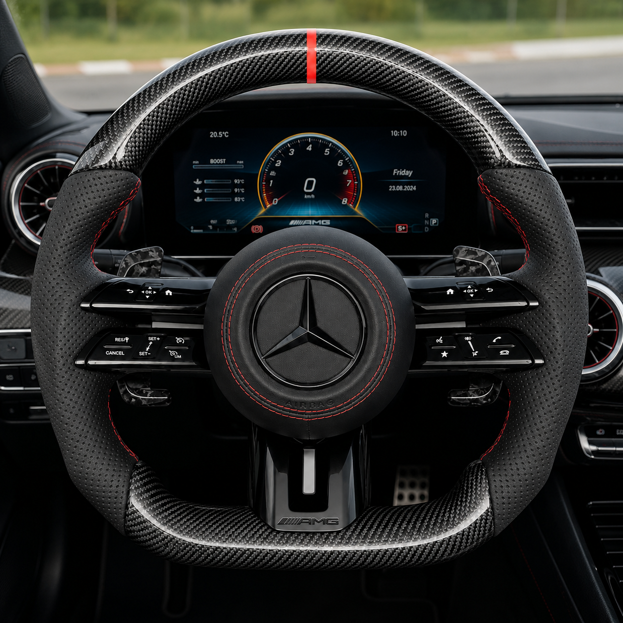 Mercedes W177 A35 A45 2019-2024 carbon fiber Dragonfly steering wheel with red stitching by CJ Mod Garage