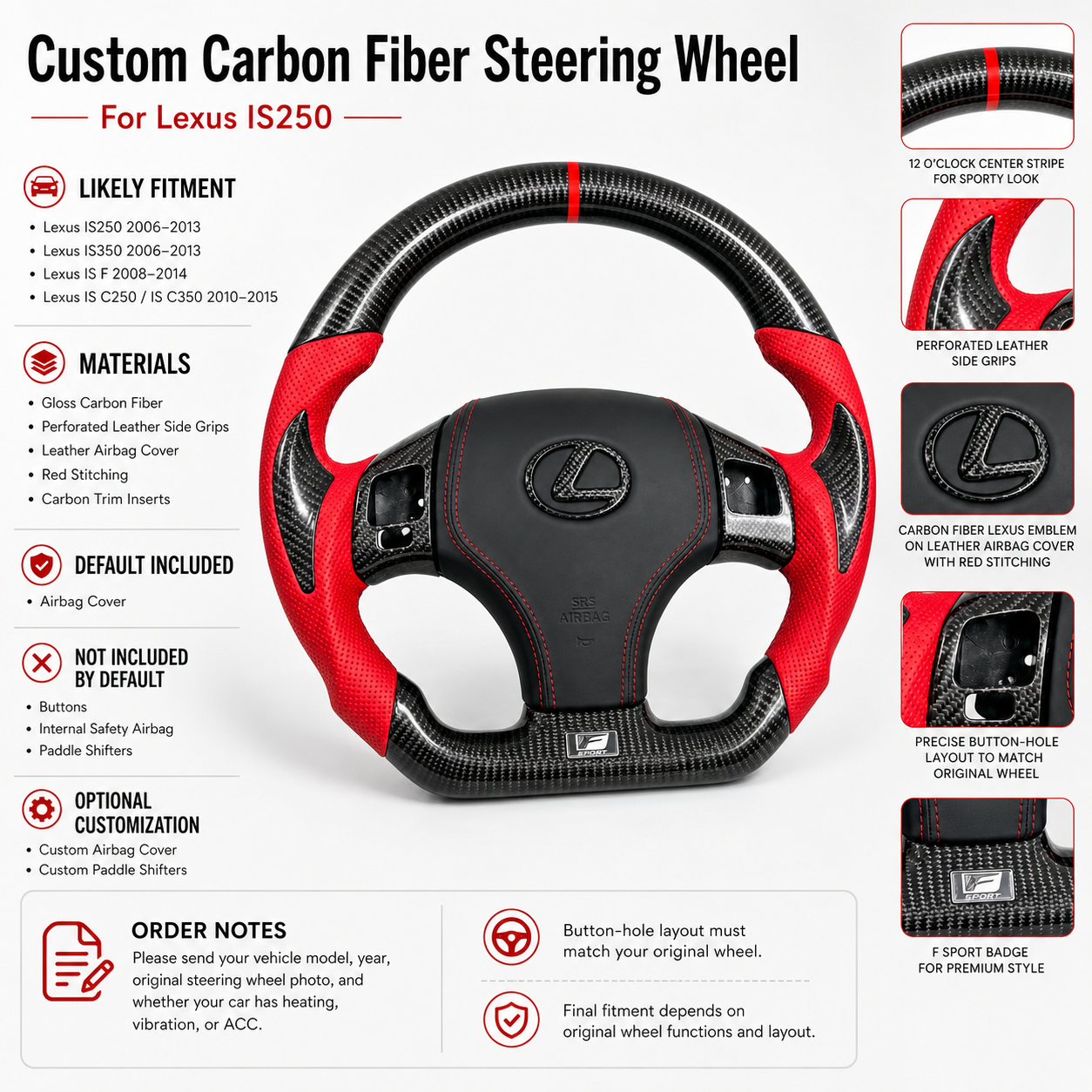 Product detail poster for custom carbon fiber steering wheel for Lexus IS250 with gloss carbon fiber, red perforated leather grips, black airbag cover and fitment information