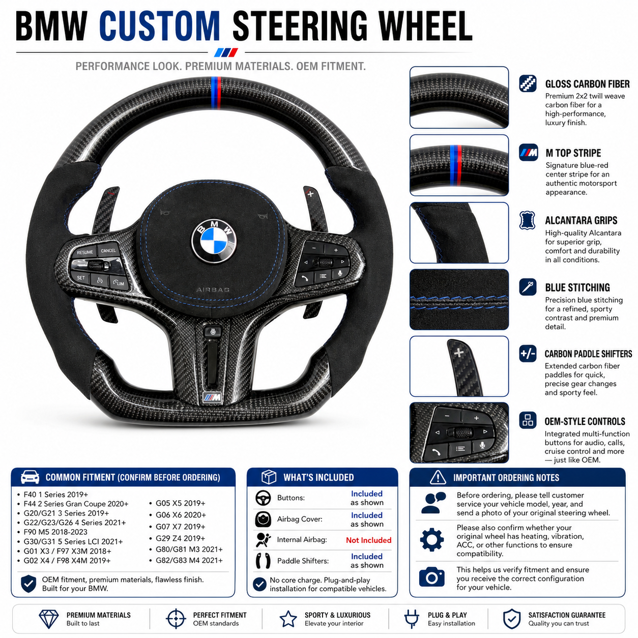 Custom BMW flat-bottom steering wheel with gloss carbon fiber, Alcantara grips and carbon paddle shifters for G11 G12 G15 G22 G29 F40 – CJ Mod Garage