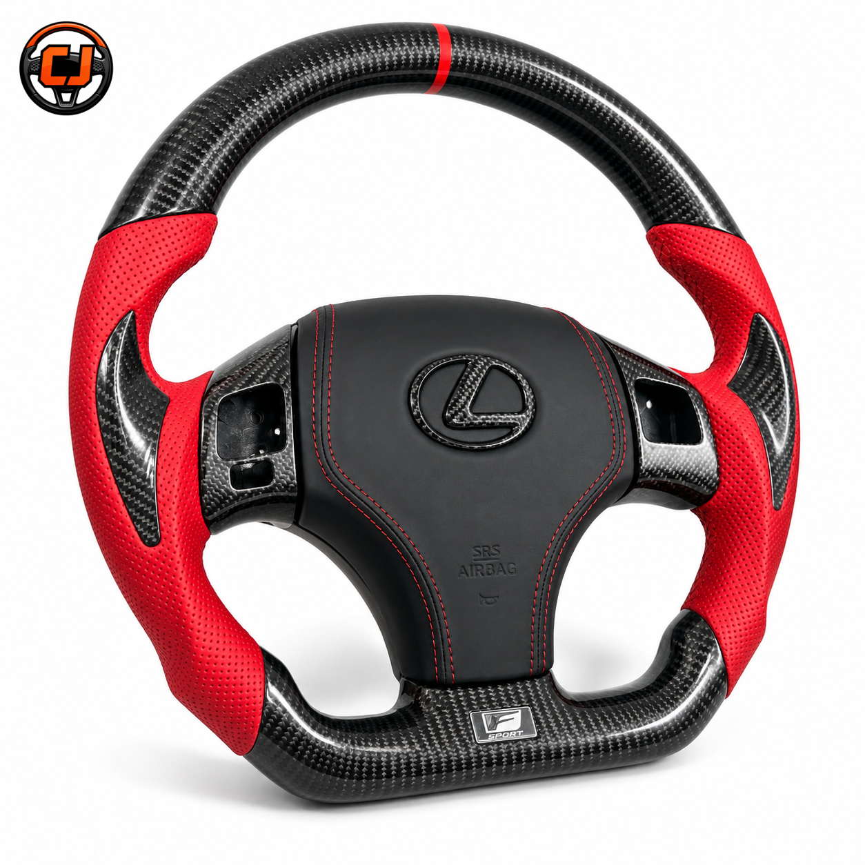 Studio product photo of custom Lexus IS250 carbon fiber steering wheel with red perforated leather grips, red 12 o'clock stripe, black leather airbag cover and F Sport badge