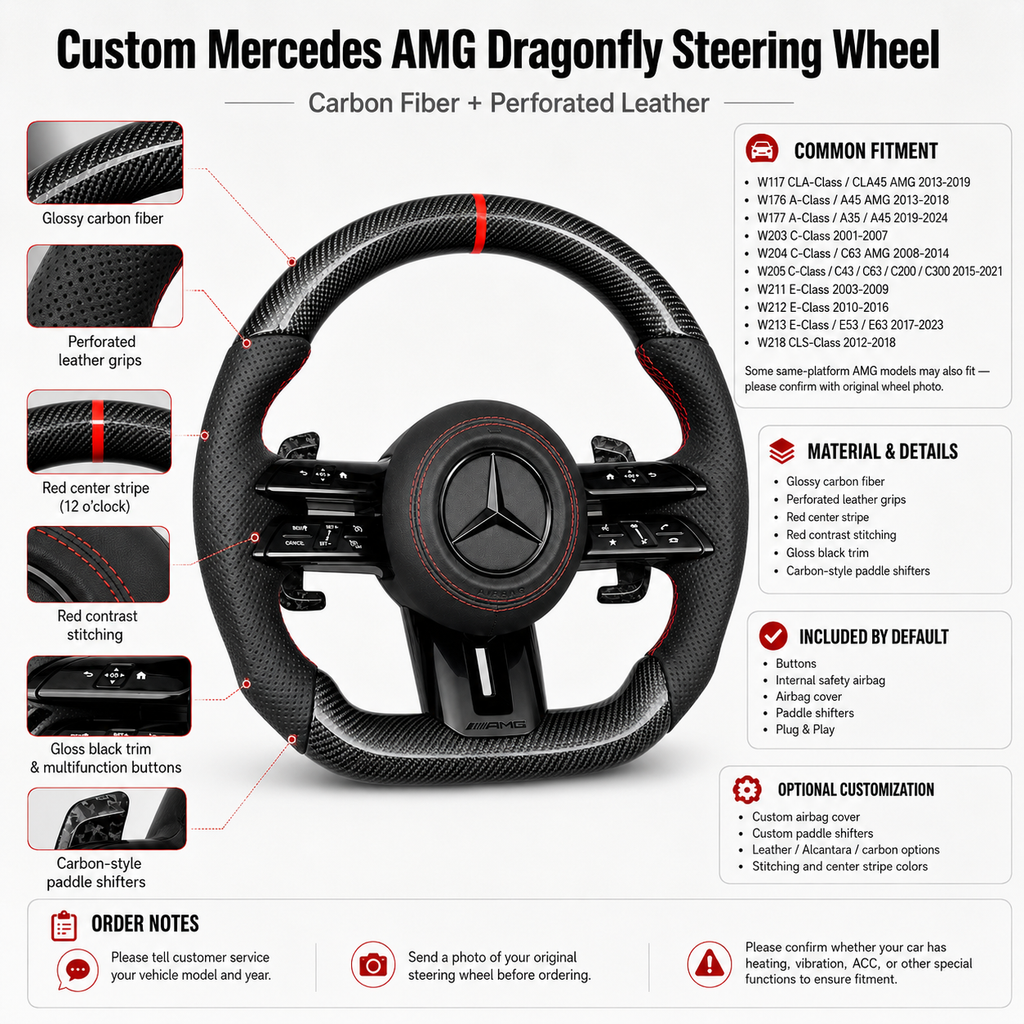Mercedes W117 CLA45 AMG 2013-2019 custom carbon fiber steering wheel detail sheet by CJ Mod Garage