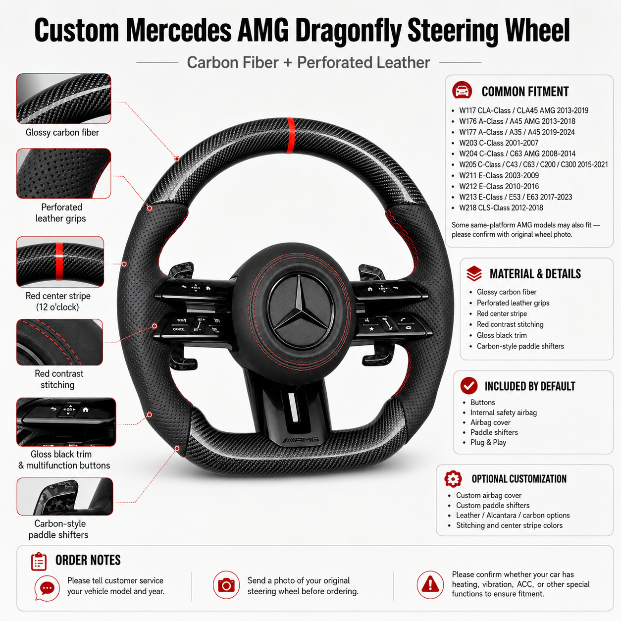 Mercedes W117 CLA45 AMG 2013-2019 custom carbon fiber steering wheel detail sheet by CJ Mod Garage