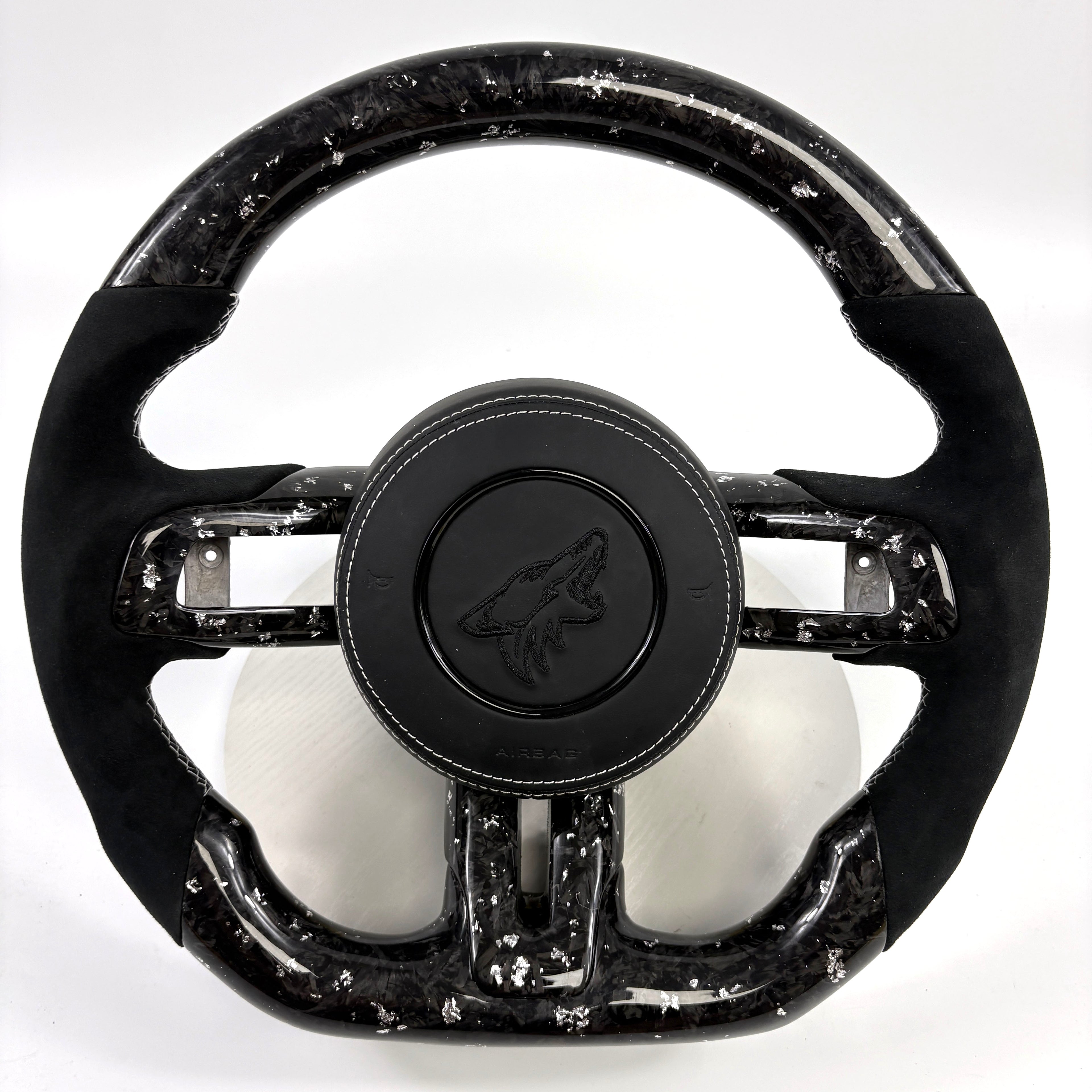 FOR Ford Mustang S550/GT 2015-2023 Carbon Fiber Steering Wheel - Silver Forged Carbon Fiber & Black Alcantara & Airbag Cover - CJ Mod Garage