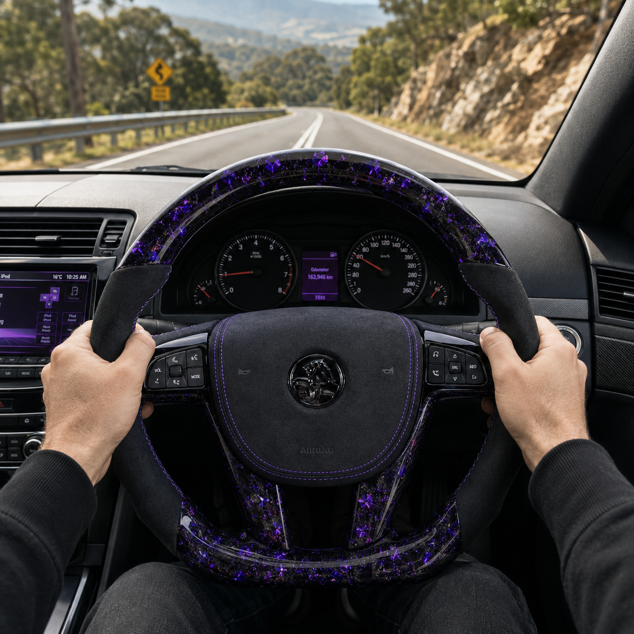 FOR Holden Commodore VE/Pontiac G8 Steering Wheel - Purple Forged Carbon Fiber & Black Alcantara & Airbag Cover - CJ Mod Garage & Driving Scene Images