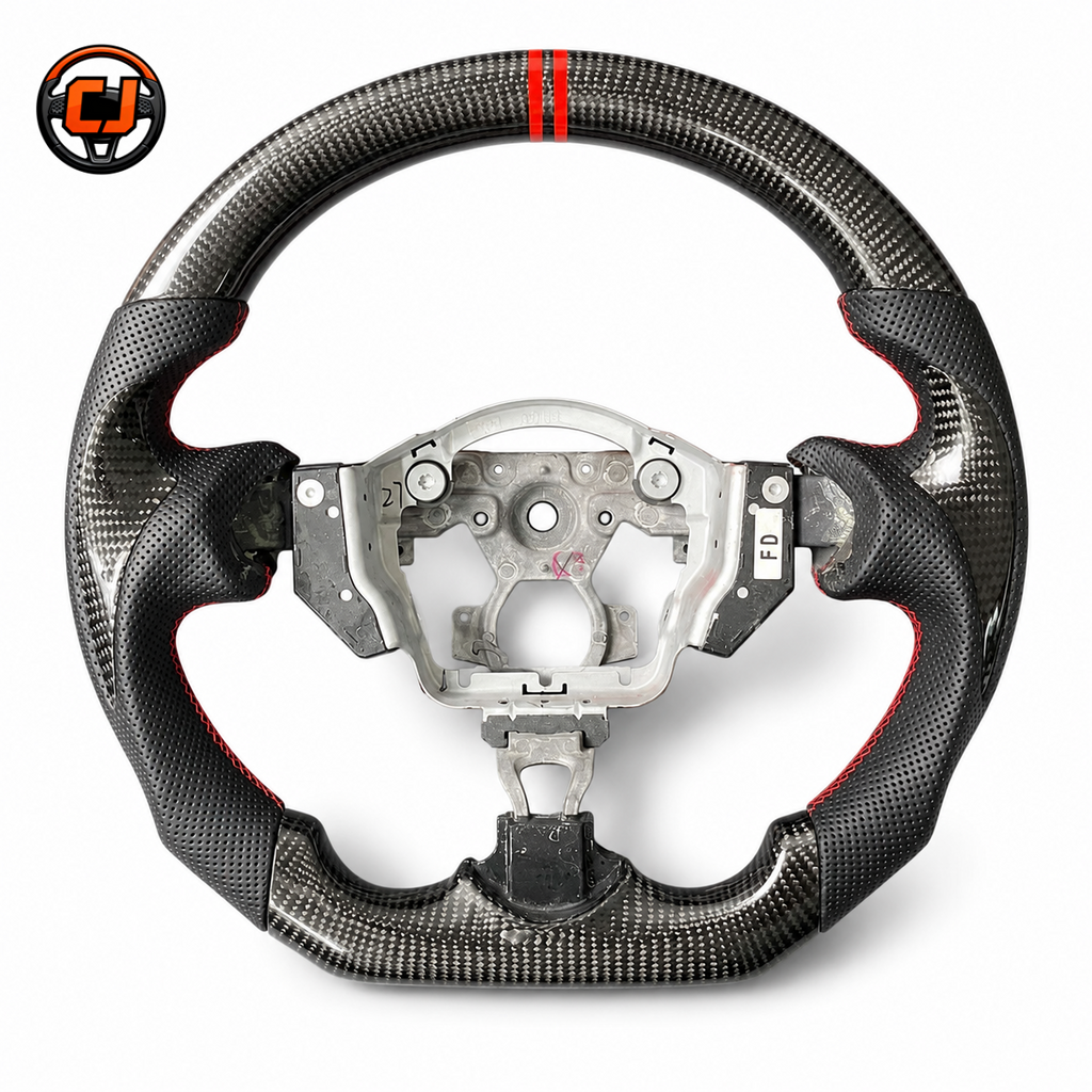 Custom Nissan Sylphy carbon fiber steering wheel with sport grip contours red 12 oclock stripe perforated leather and OEM style fitment by CJ Mod Garage