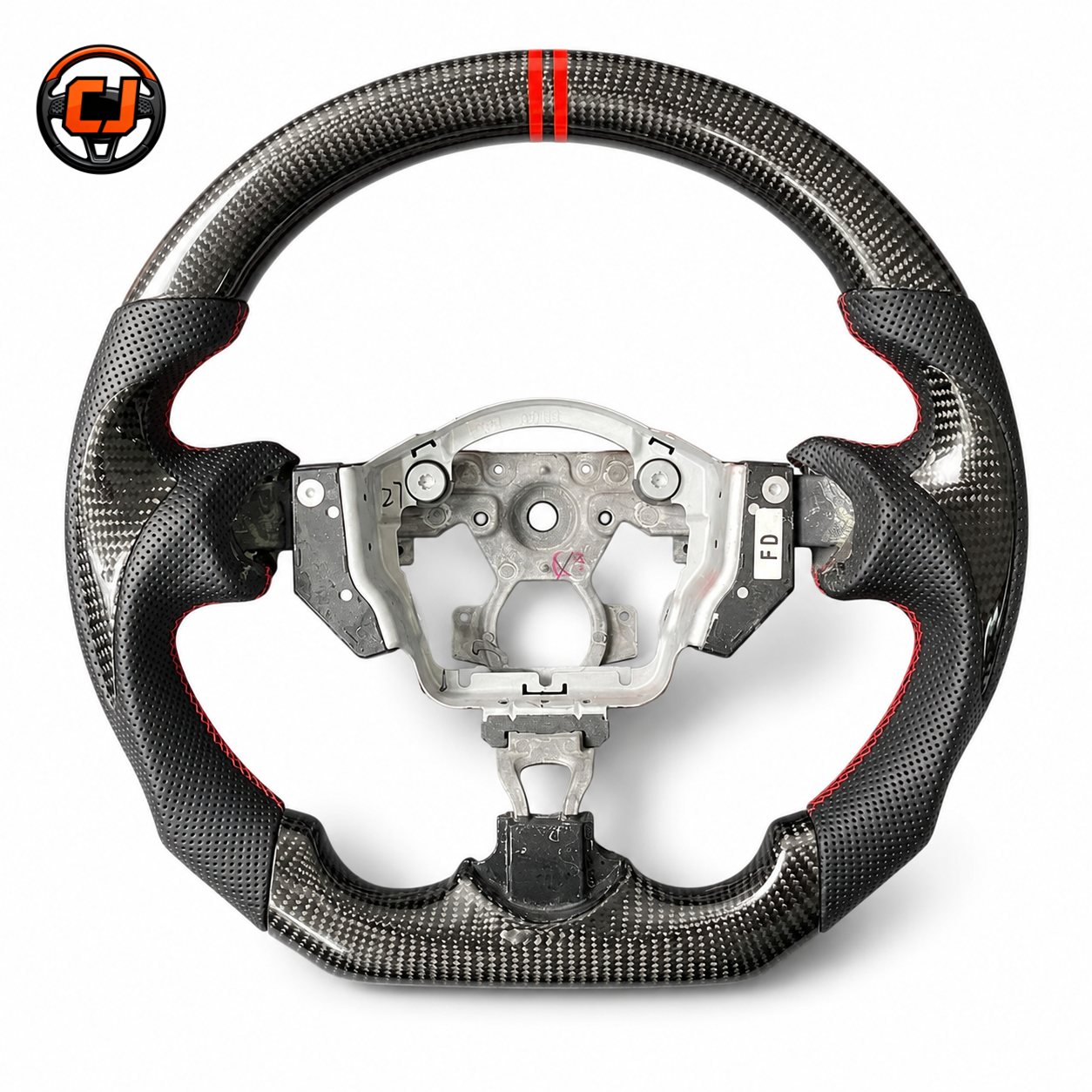 Custom Nissan Sylphy carbon fiber steering wheel with sport grip contours red 12 oclock stripe perforated leather and OEM style fitment by CJ Mod Garage
