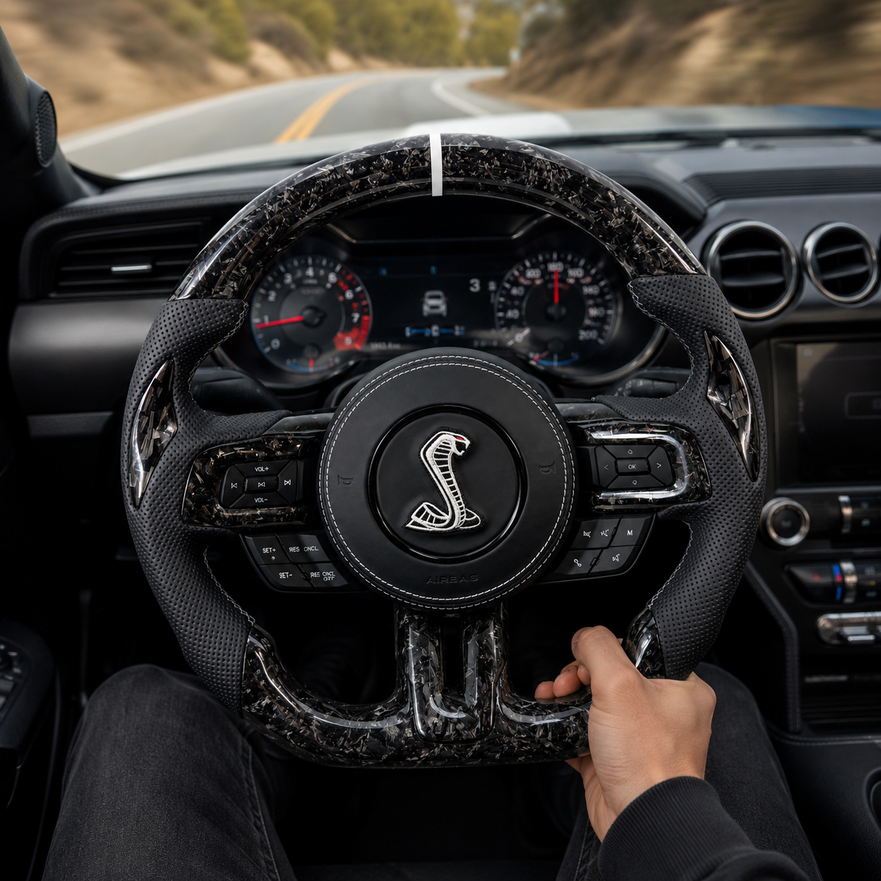 FOR Ford Mustang S550/GT 2015-2023 Carbon Fiber Steering Wheel - Black Forged Carbon Fiber & Black Perforated Leather & Airbag Cover - CJ Mod Garage & Driving Scene Images