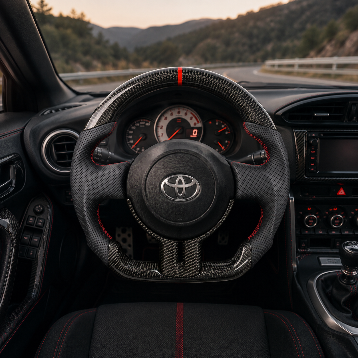 Toyota GT86 custom carbon fiber steering wheel with perforated leather grips, red stitching and red 12 o’clock stripe installed in cockpit view by CJ Mod Garage