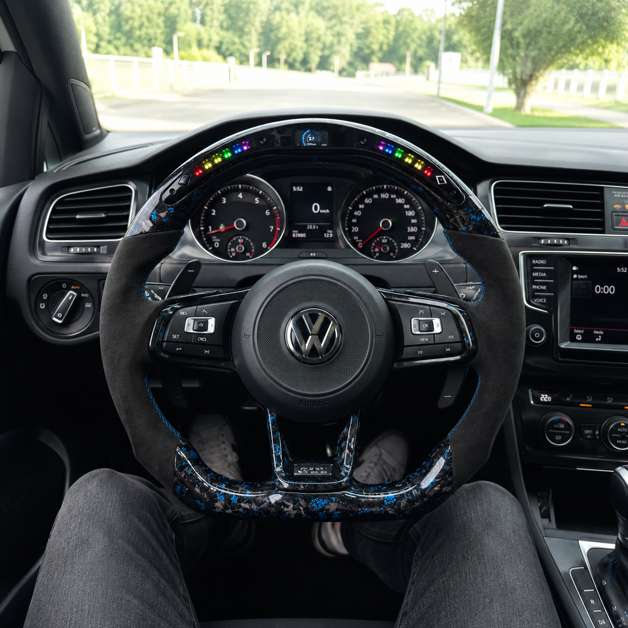 Volkswagen Golf GTI blue flake forged carbon LED shift light steering wheel cabin display CJ Mod Garage