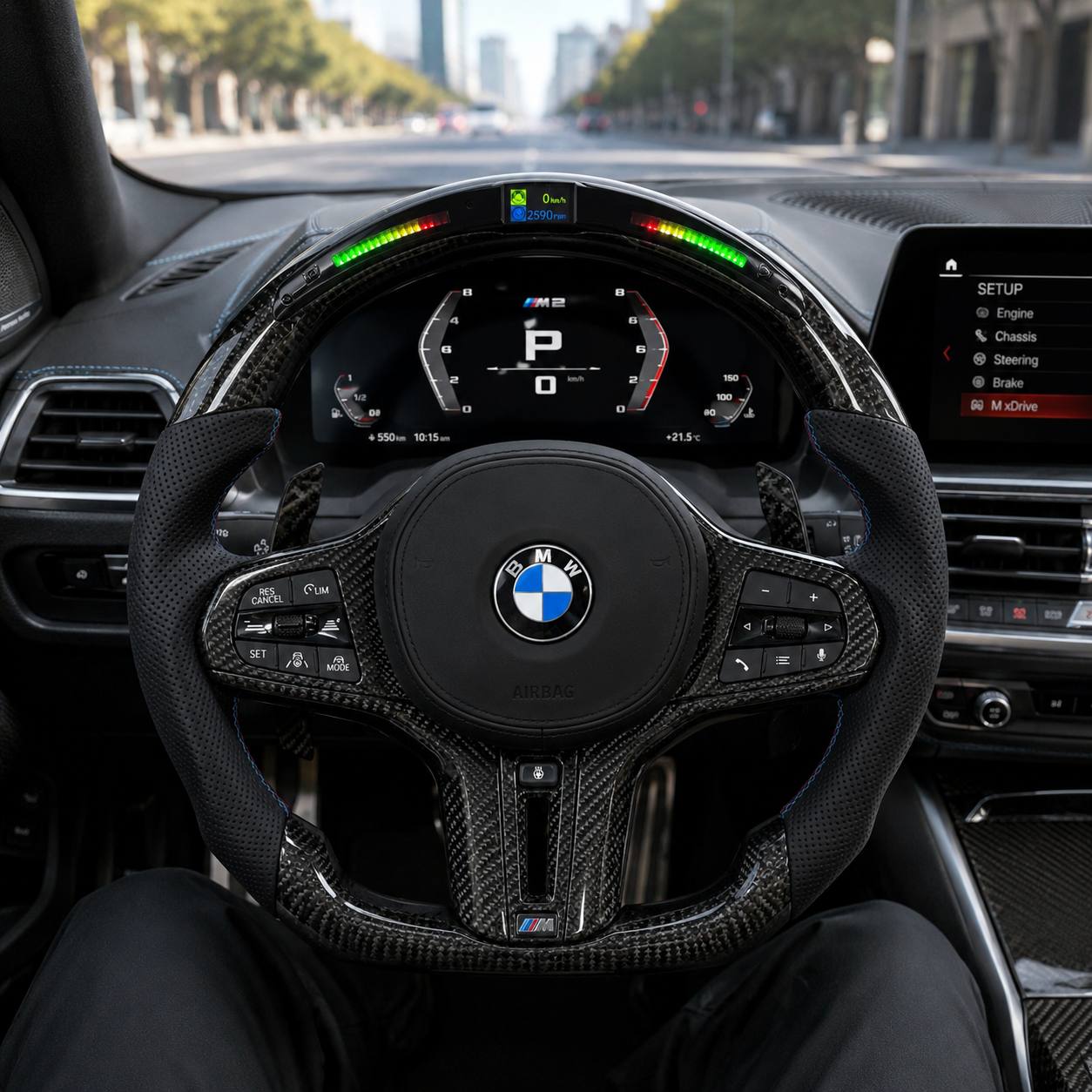 BMW LED carbon fiber steering wheel with digital RPM display, perforated leather grips and carbon paddle shifters installed in G20 G80 interior by CJ Mod Garage