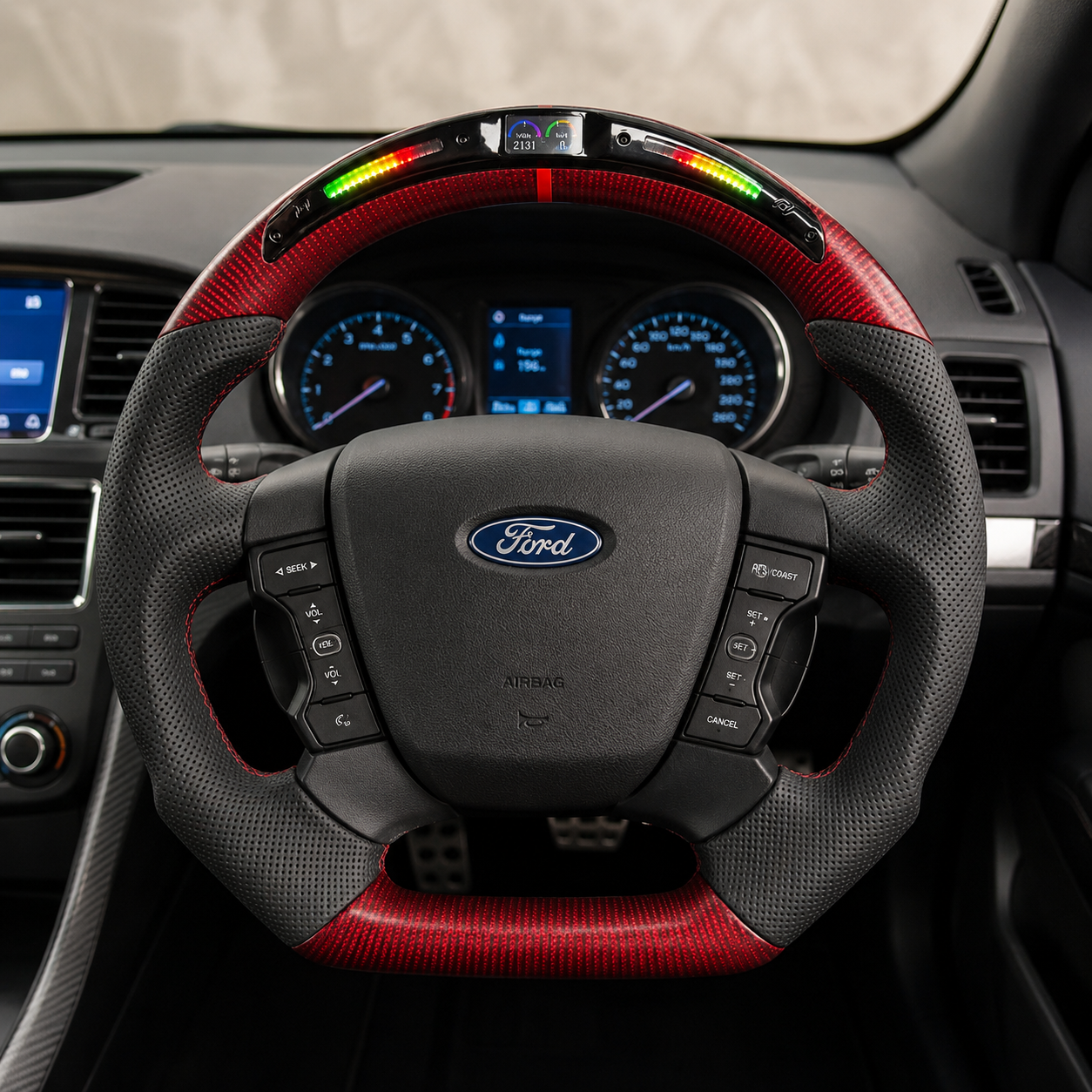 Ford Falcon FG XR XR6 XR8 custom steering wheel with LED display red carbon fiber and black perforated leather installed in car by CJ Mod Garage