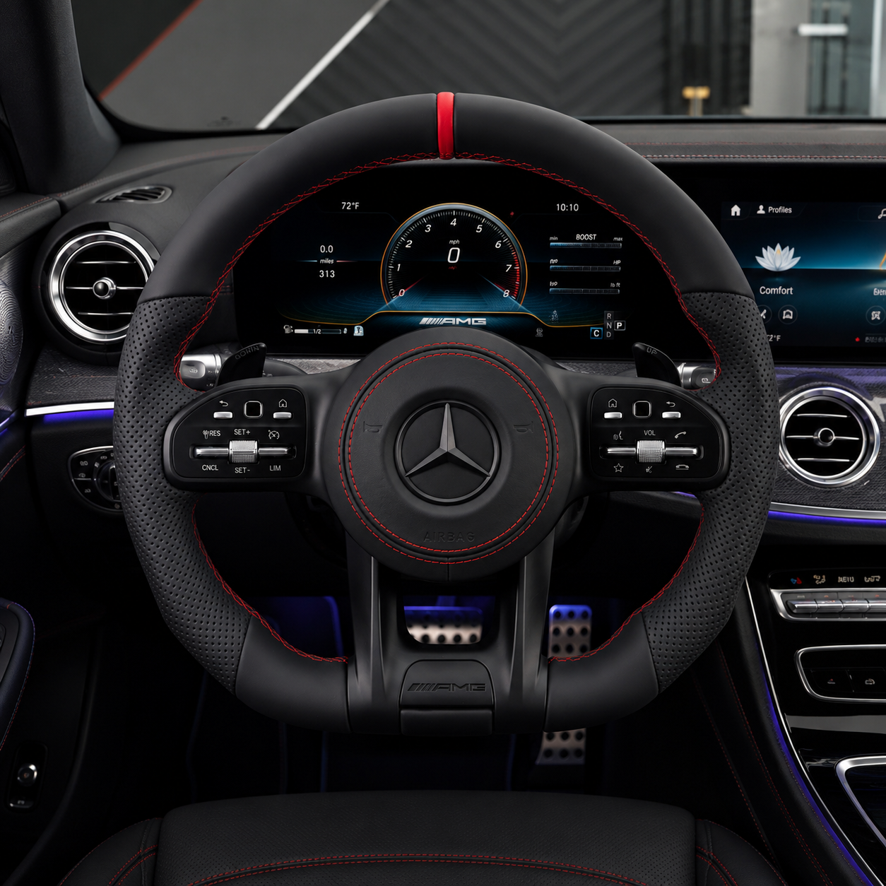 Mercedes AMG smooth black leather steering wheel with red stripe sport grip design for W117 W176 W177 W205 W213 C43 C63 C200 C300 CJ Mod Garage