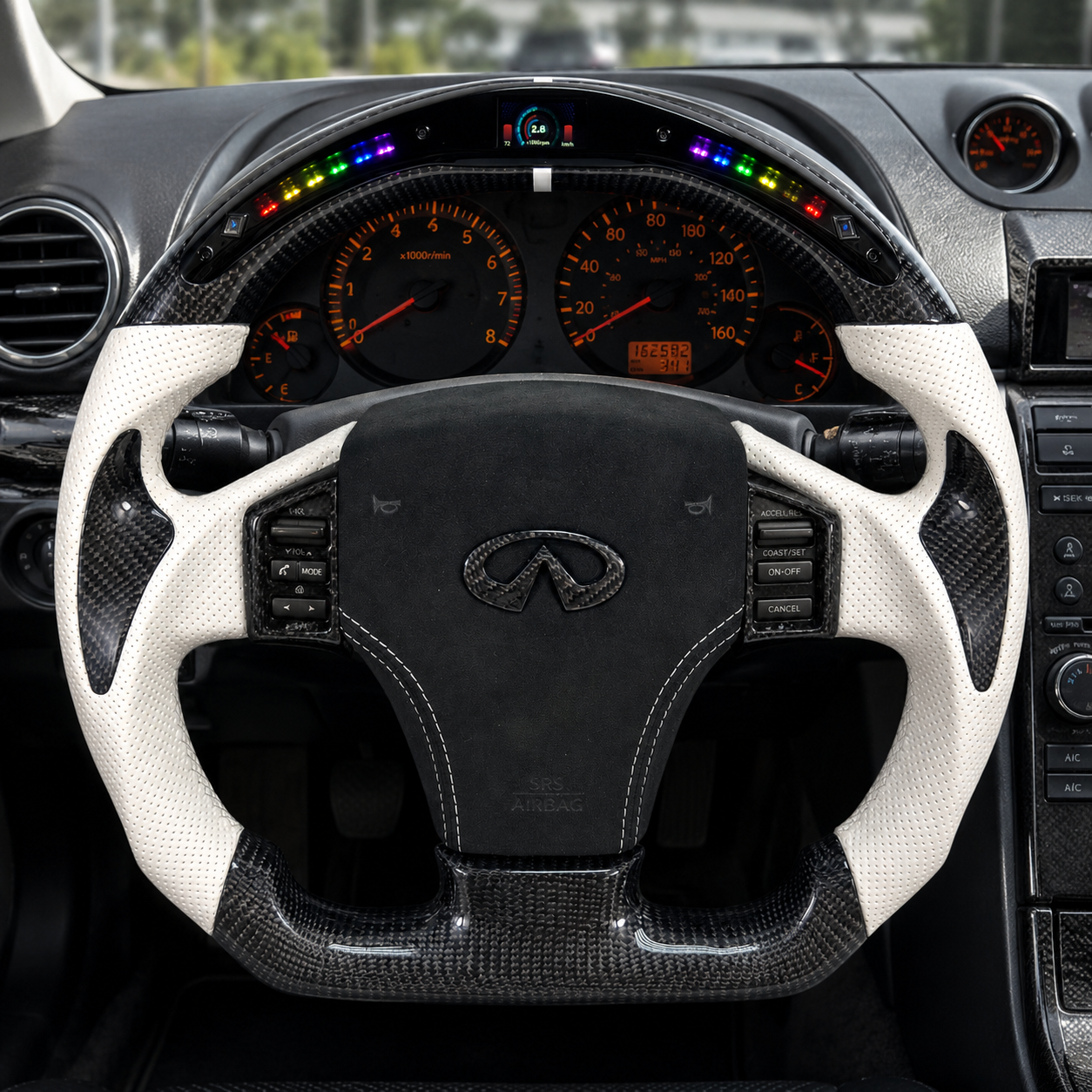 Nissan 350Z Infiniti G35 custom carbon fiber steering wheel with white perforated leather LED shift light display and suede airbag cover by CJ Mod Garage