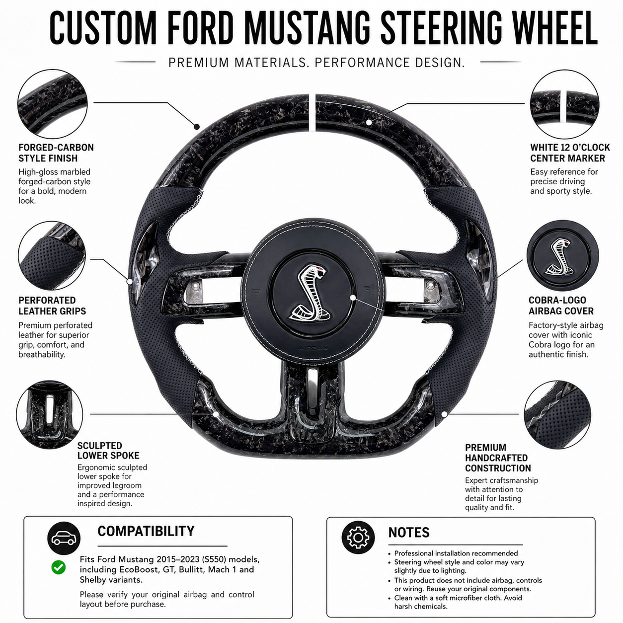 FOR Ford Mustang S550/GT 2015-2023 Carbon Fiber Steering Wheel - Black Forged Carbon Fiber & Black Perforated Leather & Airbag Cover - CJ Mod Garage & Product Details Image