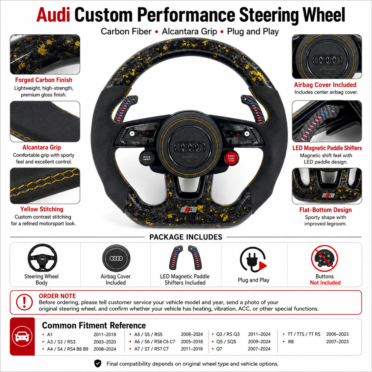 Carbon Fiber Audi Steering Wheel for A1 A3 A4 A5 A6 A7 C6 C7 S3 S4 S5 S7 Q3 Q5 Q7 SQ5 RS RS3 RS5 RS6 B8 B9 8P 8V R8 TT -CJ Mod Garage 64