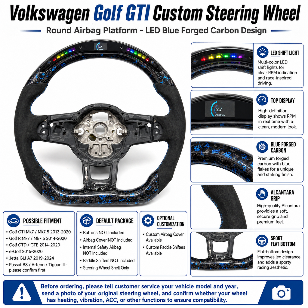 Volkswagen Golf GTI blue forged carbon custom steering wheel shell feature and fitment sheet CJ Mod Garage