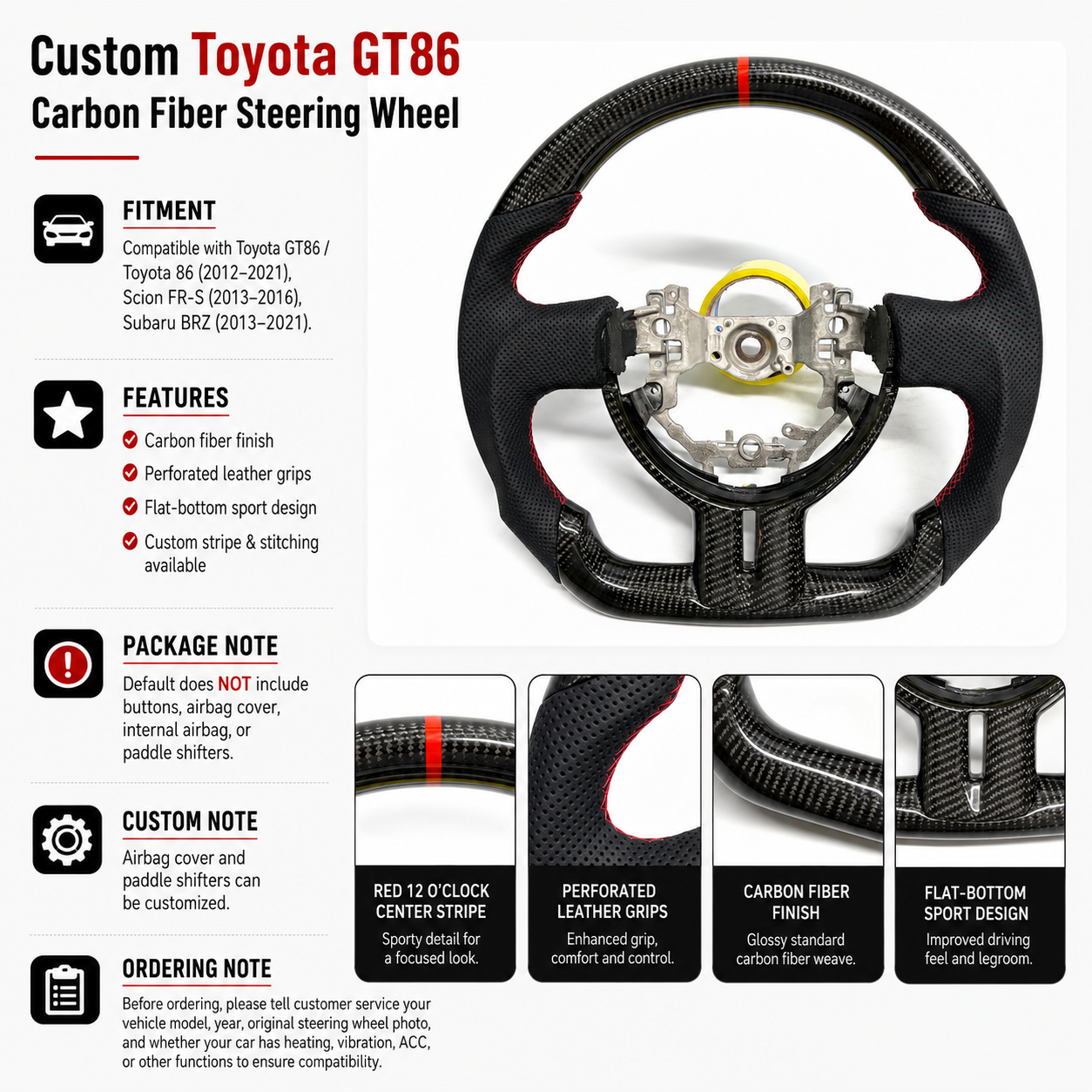 Toyota 86 / Scion FR-S / Subaru BRZ carbon fiber steering wheel featuring glossy carbon weave, perforated leather sections and flat-bottom sport profile by CJ Mod Garage