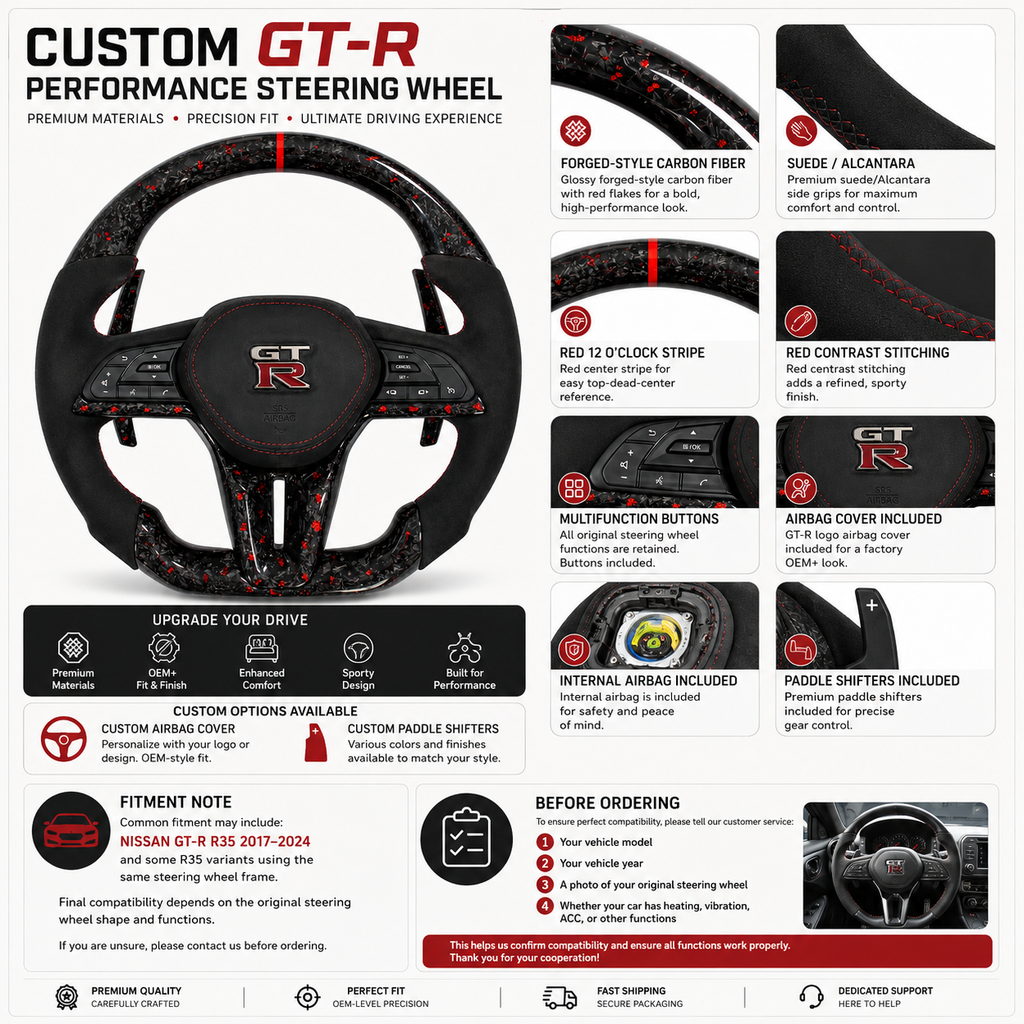Custom Nissan GT R R35 steering wheel featuring forged carbon fiber with red flakes Alcantara leather grip sections and OEM multifunction controls by CJ Mod Garage