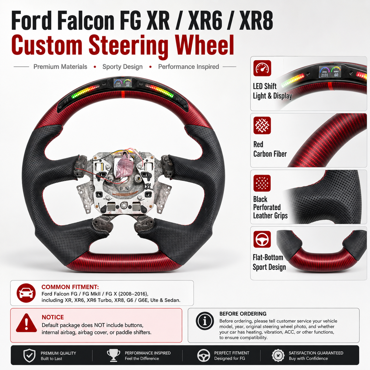 Ford Falcon FG XR XR6 XR8 custom steering wheel infographic showing LED display red carbon fiber black perforated leather and flat bottom by CJ Mod Garage