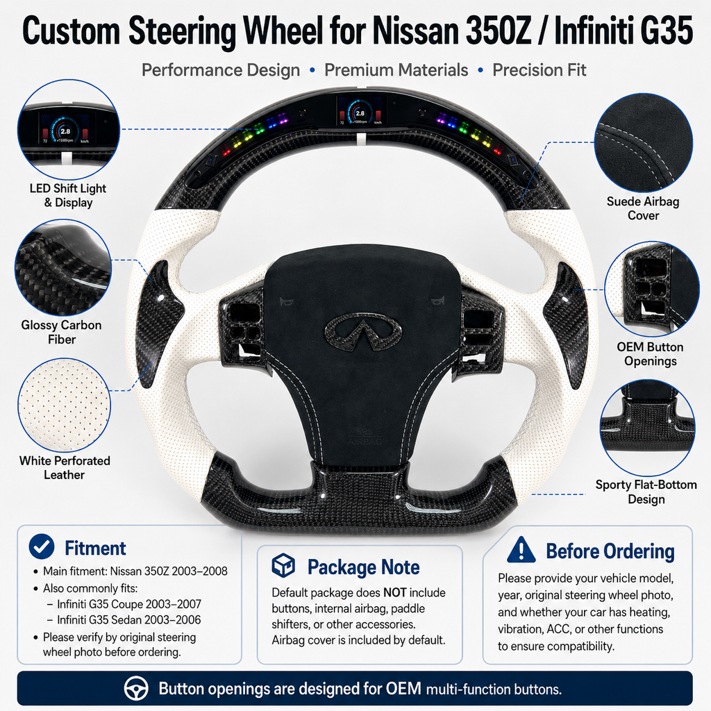 Nissan 350Z Infiniti G35 performance steering wheel featuring glossy carbon fiber white perforated leather integrated LED RPM display and flat bottom design by CJ Mod Garage