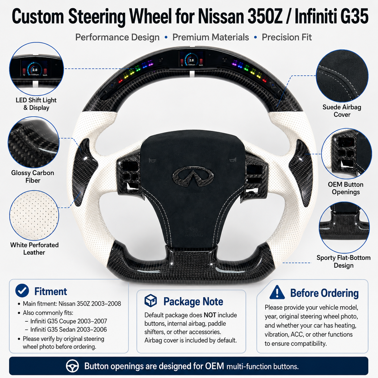 Nissan 350Z Infiniti G35 performance steering wheel featuring glossy carbon fiber white perforated leather integrated LED RPM display and flat bottom design by CJ Mod Garage