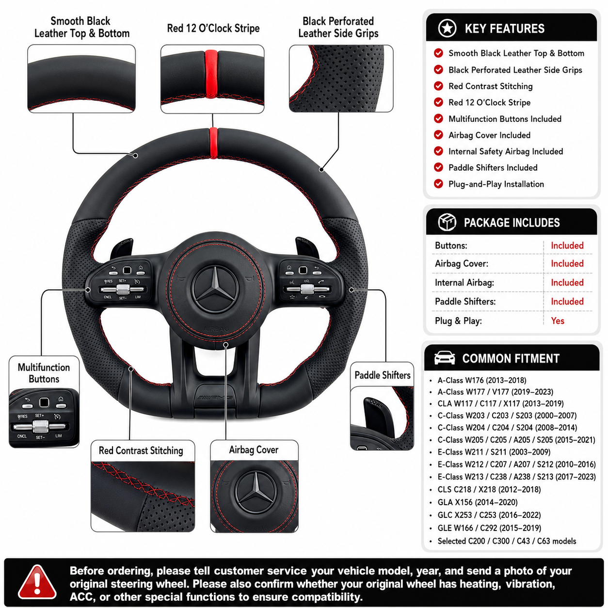 Custom Mercedes AMG steering wheel with red contrast stitching perforated leather grips for W203 W204 W205 W211 W212 W218 C43 C63 C200 C300 CJ Mod Garage