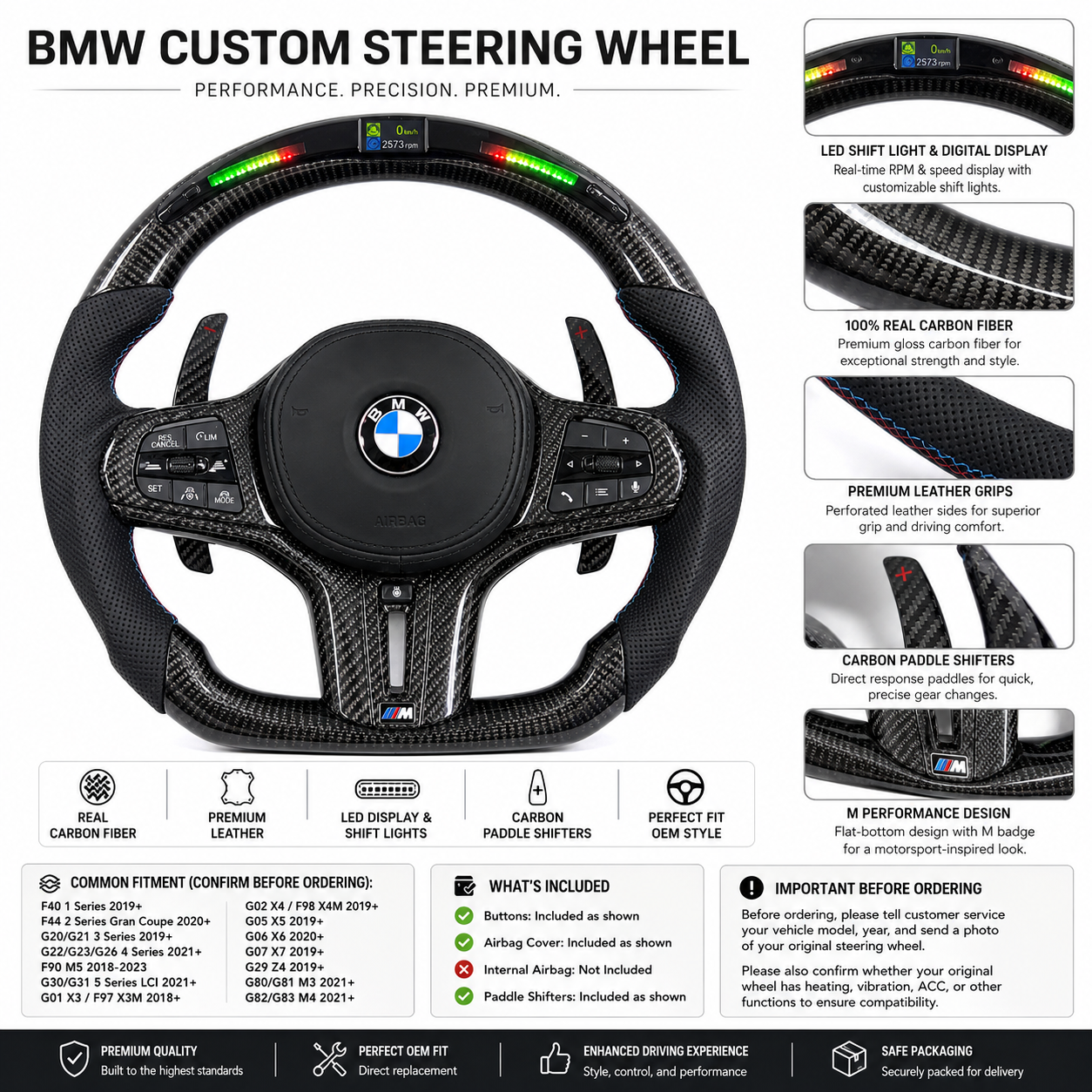 Custom BMW carbon fiber steering wheel with integrated LED shift lights, OEM controls and flat-bottom design for G02 G05 G06 G22 G30 F90 models – CJ Mod Garage