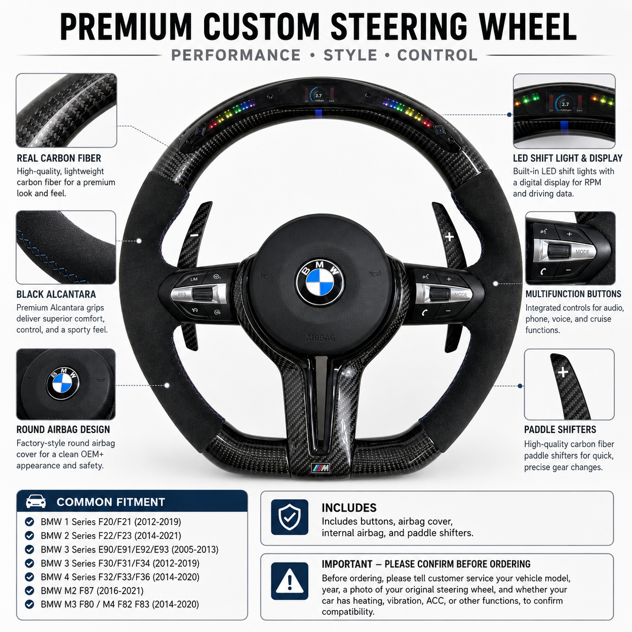 Carbon Fiber Steering Wheel for BMW F10 F11 F15 F18 F20 F23 F25 F30 F32 F35 F40 F80 E84 E87 E90 E92 E93 2005~2019-CJ Mod Garage 3