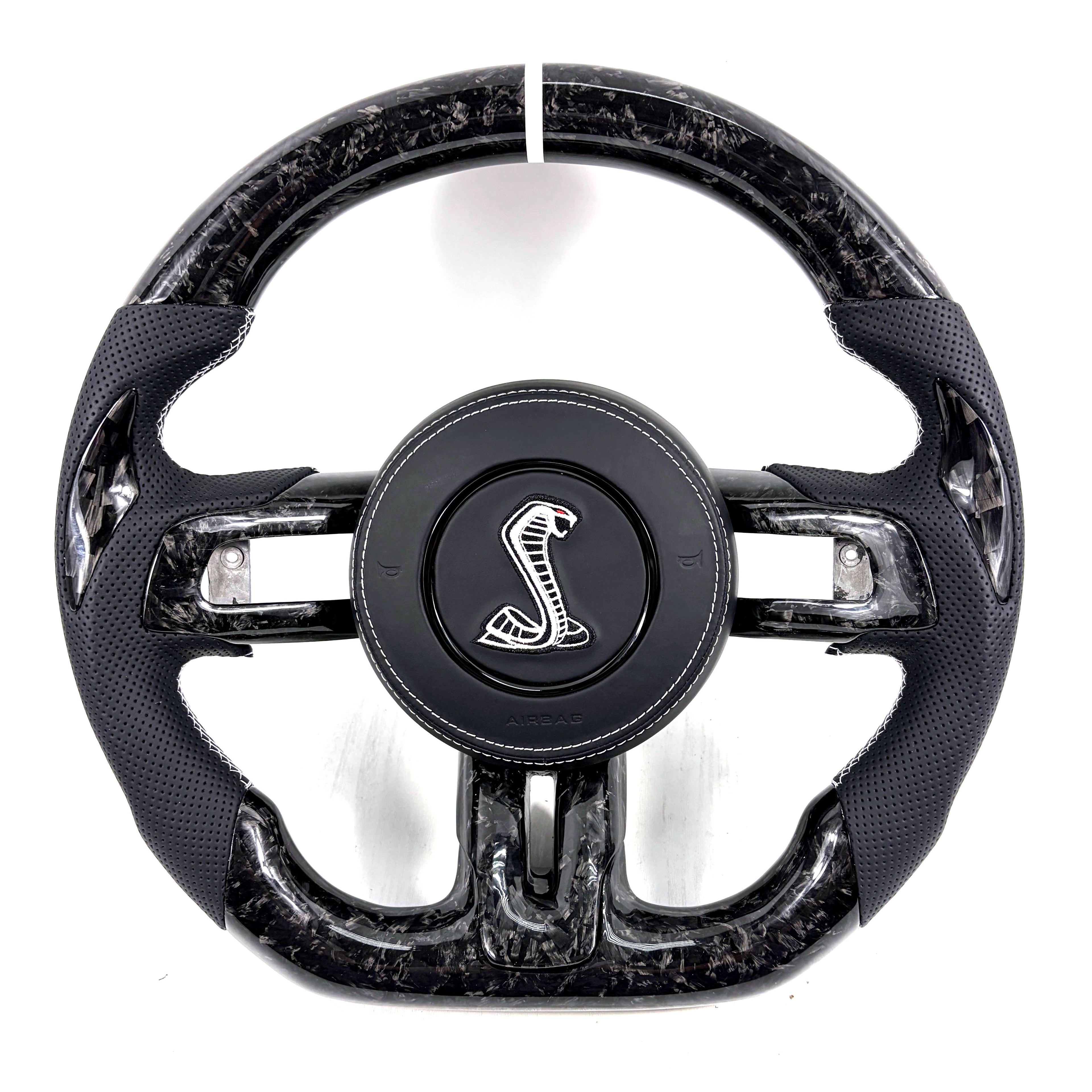 FOR Ford Mustang S550/GT 2015-2023 Carbon Fiber Steering Wheel - Black Forged Carbon Fiber & Black Perforated Leather & Airbag Cover - CJ Mod Garage