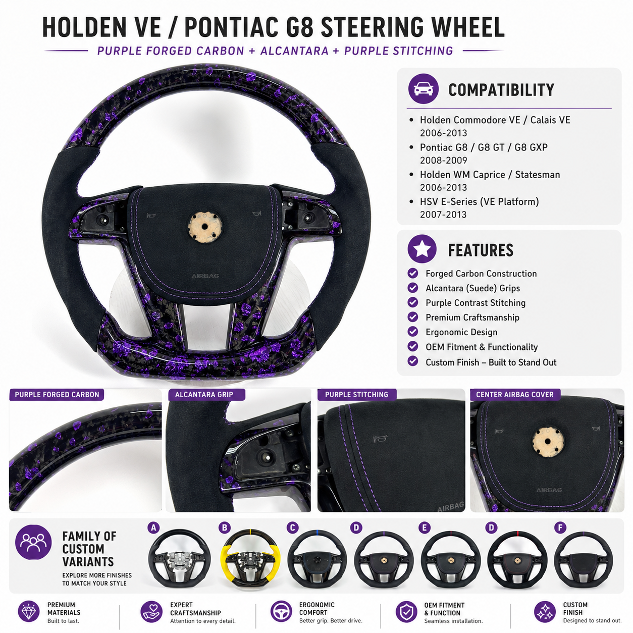 FOR Holden Commodore VE/Pontiac G8 Steering Wheel - Purple Forged Carbon Fiber & Black Alcantara & Airbag Cover - CJ Mod Garage & Product Details Image