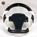 Nissan 350Z Infiniti G35 custom steering wheel with carbon fiber construction white leather grips suede airbag cover LED shift lights and OEM fitment by CJ Mod Garage