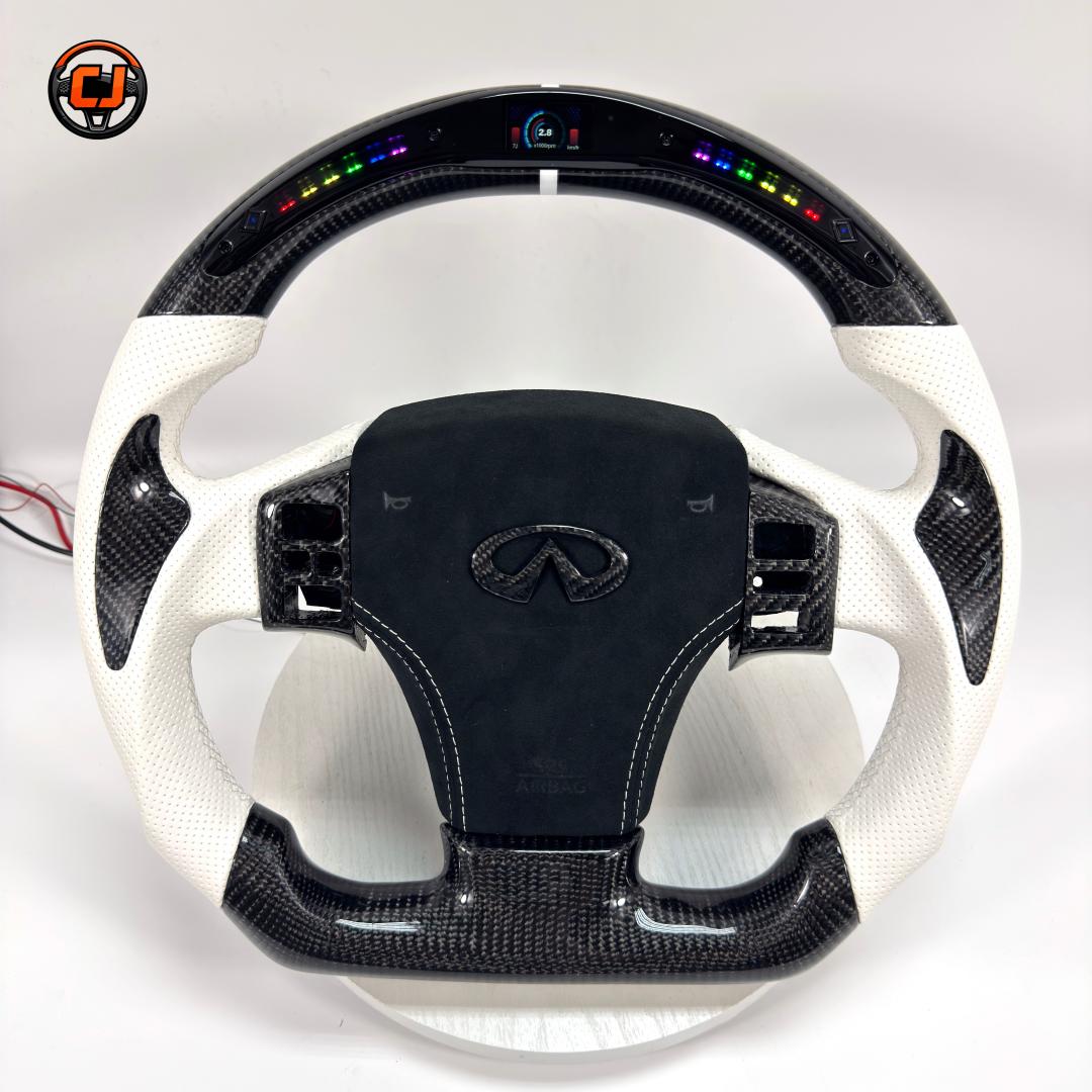Nissan 350Z Infiniti G35 custom steering wheel with carbon fiber construction white leather grips suede airbag cover LED shift lights and OEM fitment by CJ Mod Garage