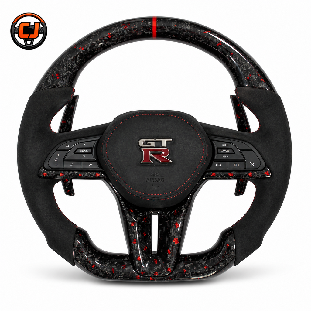 Nissan GT R R35 carbon fiber steering wheel with forged carbon finish red contrast stitching Alcantara sides and race inspired center marker by CJ Mod Garage