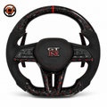 Nissan GT R R35 carbon fiber steering wheel with forged carbon finish red contrast stitching Alcantara sides and race inspired center marker by CJ Mod Garage