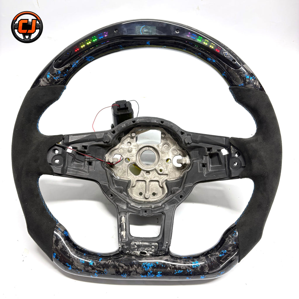 Volkswagen Golf GTI blue flake forged carbon steering wheel shell front studio view with LED CJ Mod Garage