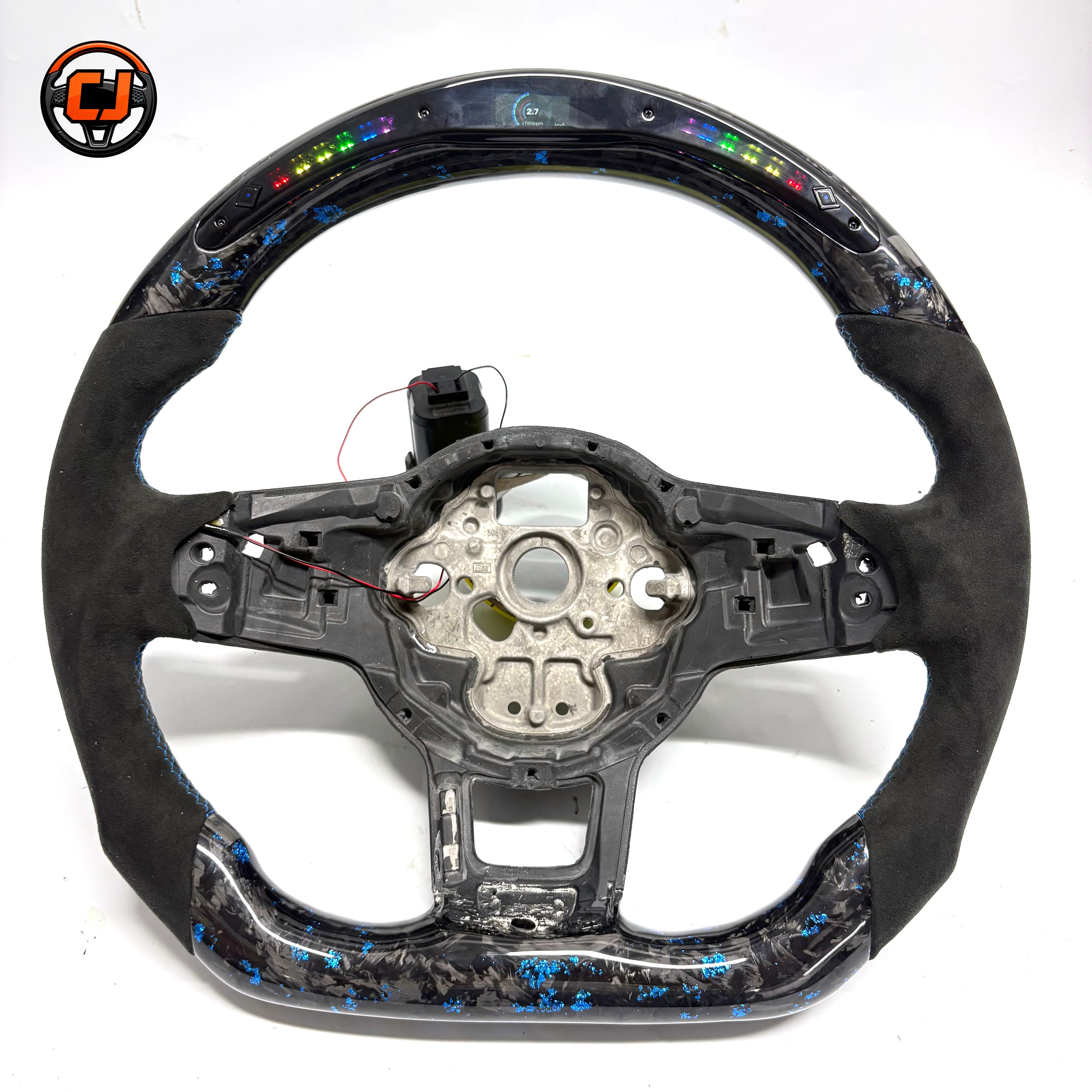 Volkswagen Golf GTI blue flake forged carbon steering wheel shell front studio view with LED CJ Mod Garage