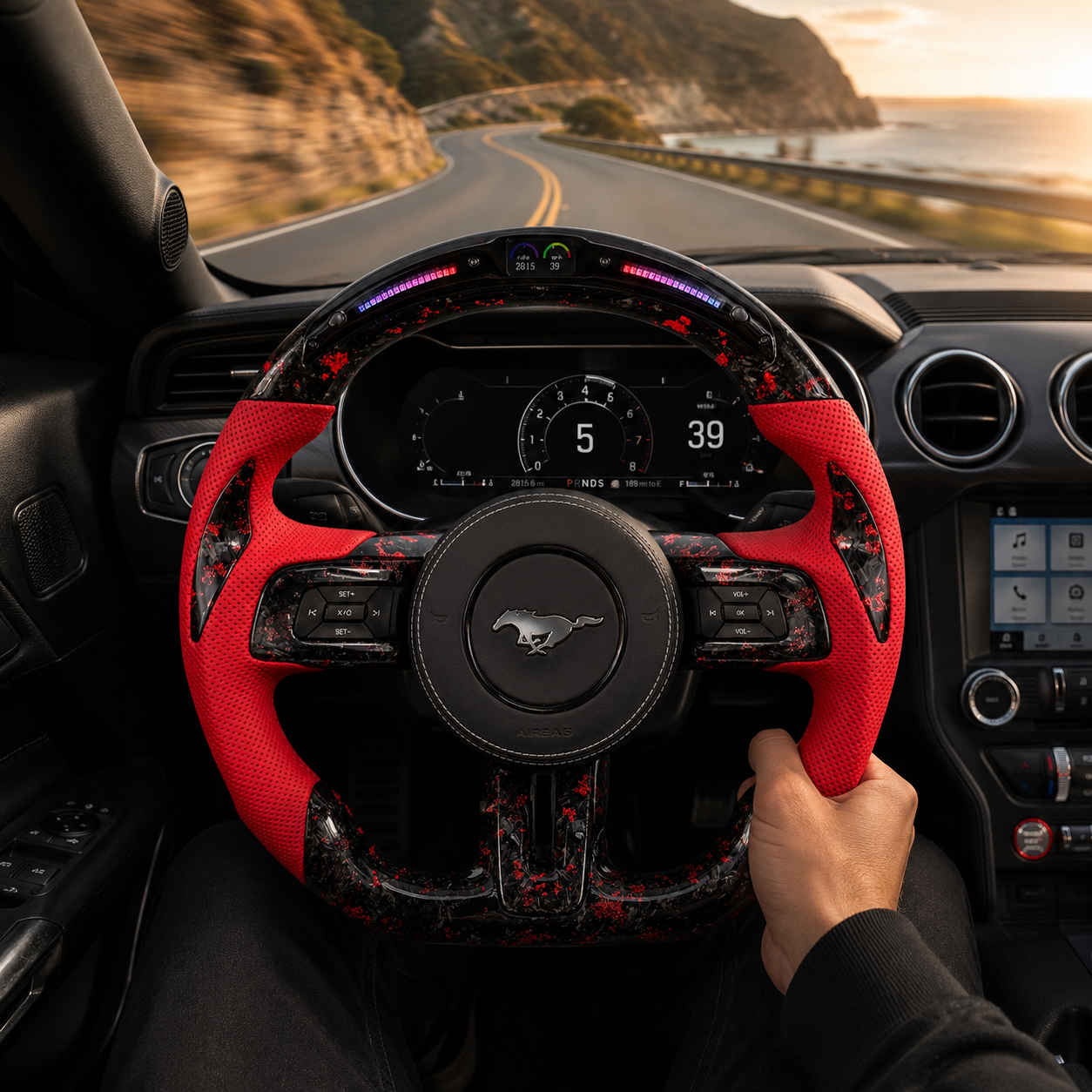 FOR Ford Mustang S550/GT 2015-2023 Carbon Fiber Steering Wheel - Red Forged Carbon Fiber & Red Perforated Leather & LED & Airbag Cover - CJ Mod Garage & Driving Scene Images