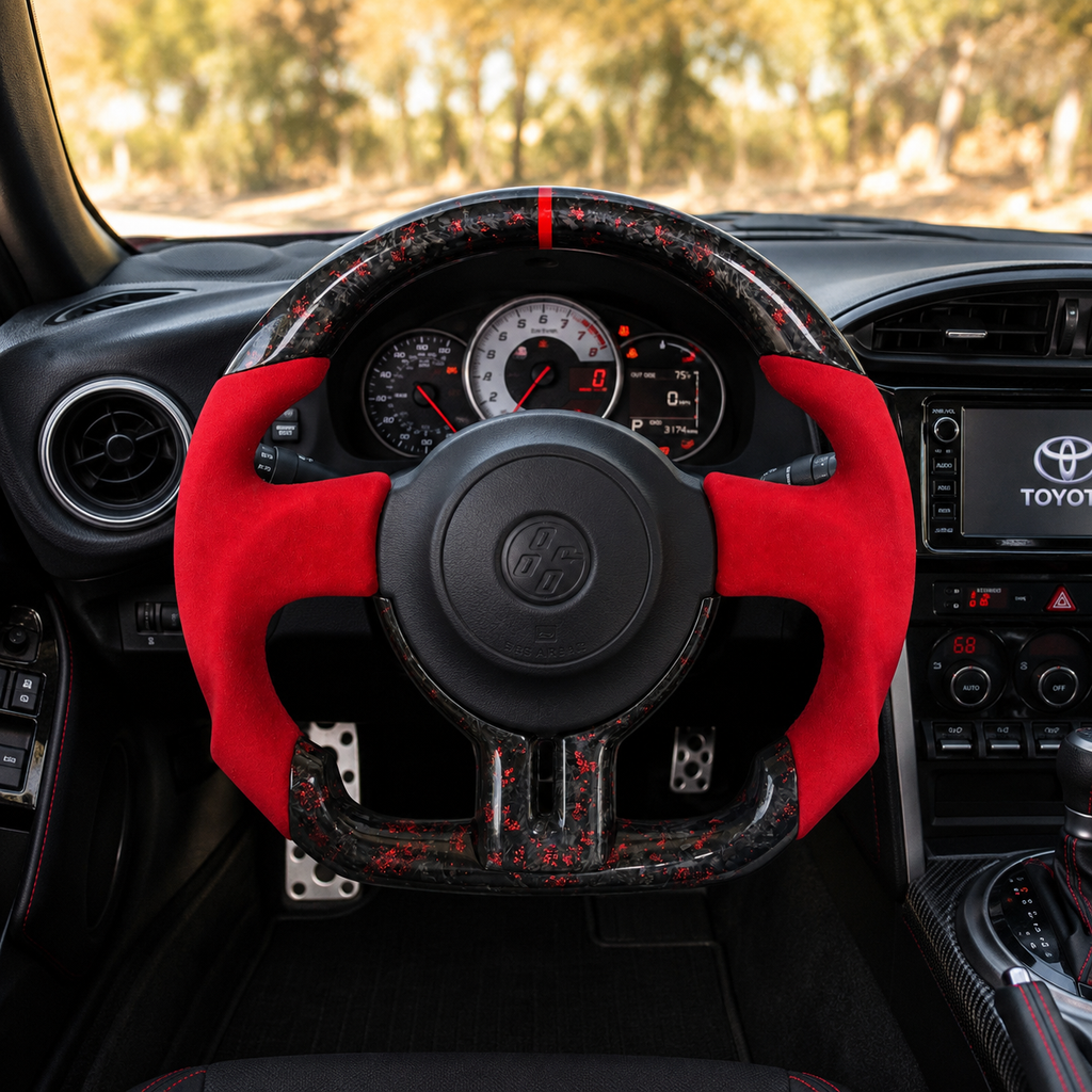 Toyota GT86 forged carbon steering wheel with metallic red flakes, red Alcantara side grips and flat-bottom racing profile installed in vehicle interior by CJ Mod Garage
