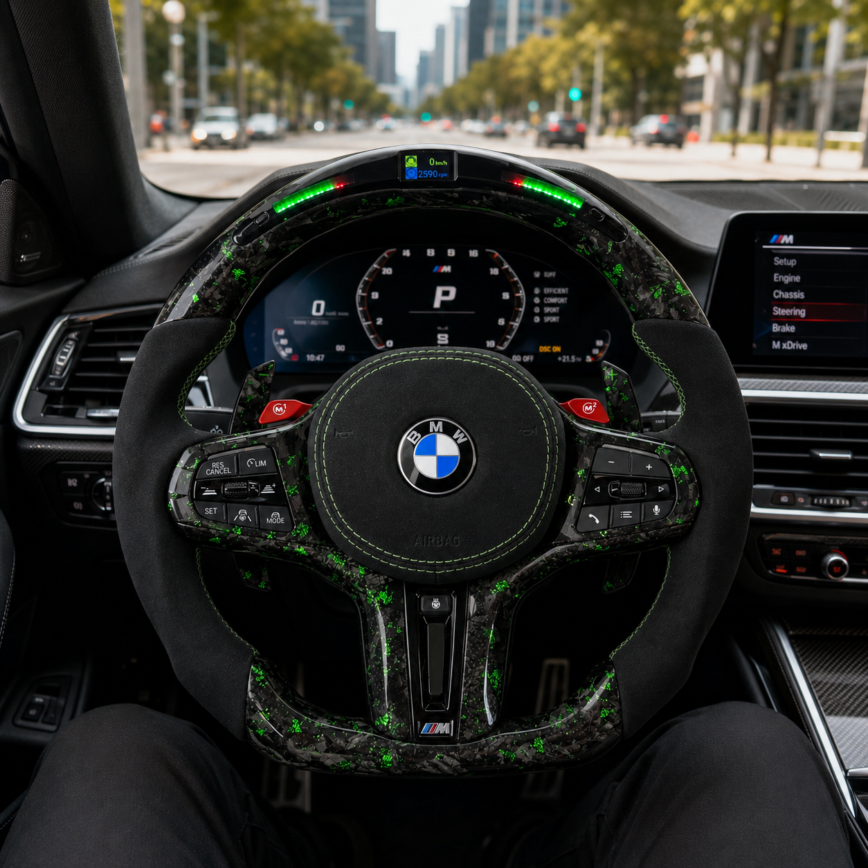 BMW forged carbon steering wheel with green flakes, LED shift lights and Alcantara grips installed in G80 M3 interior for G02 G05 G06 G30 F90 by CJ Mod Garage