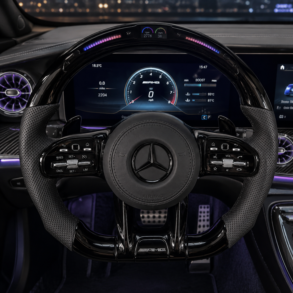 Mercedes AMG LED steering wheel with digital display glossy black finish for W117 W176 W177 W205 W213 C43 C63 C200 C300 CJ Mod Garage