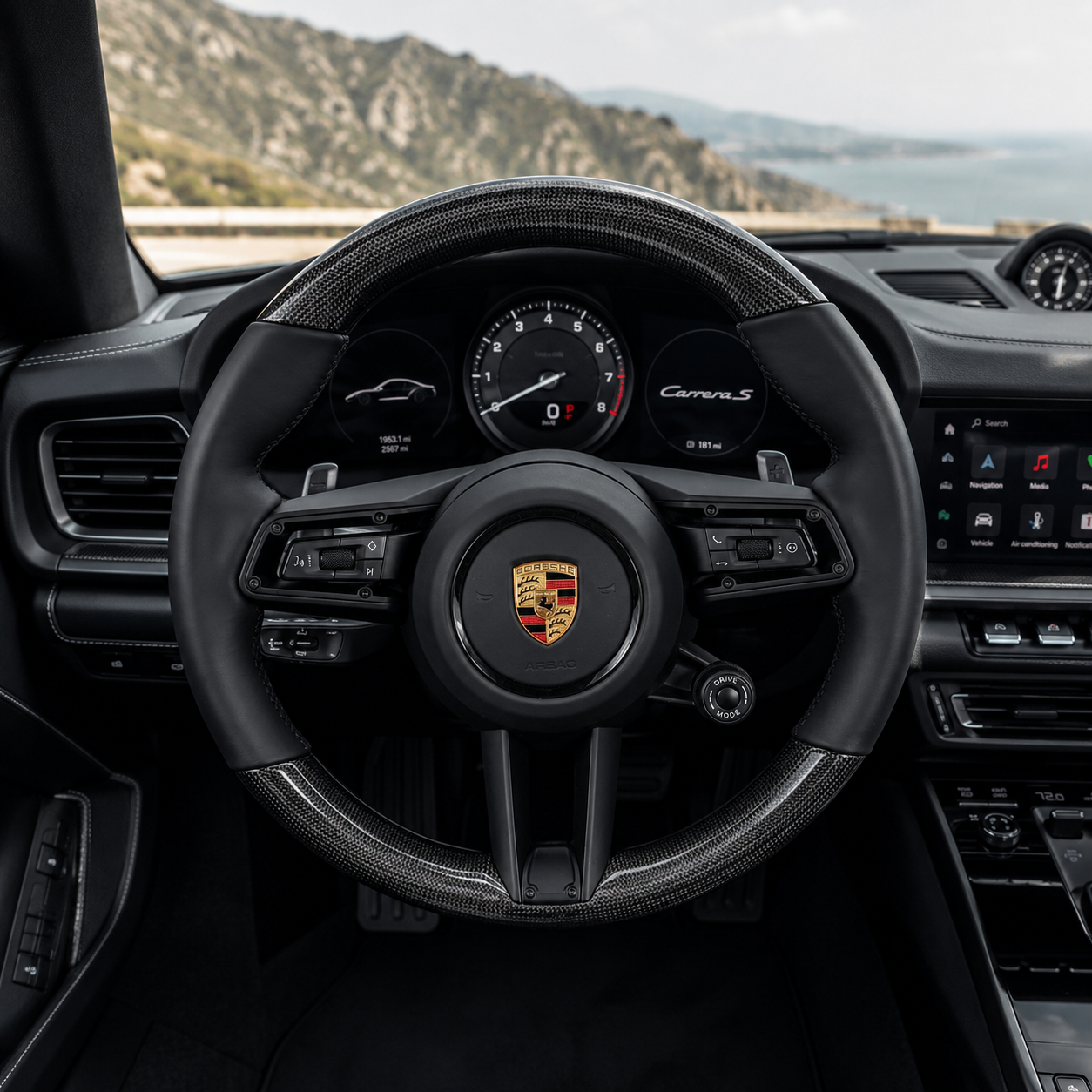 Porsche Luxury Steering Wheel Featuring Carbon Fiber Top and Bottom Black Leather Side Sections OEM Controls and Drive Mode Selector for Macan 2014 2024 Taycan 2020 2024 CJ Mod Garage