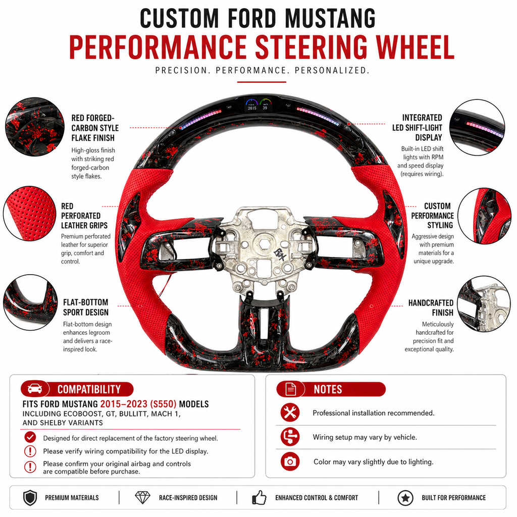 FOR Ford Mustang S550/GT 2015-2023 Carbon Fiber Steering Wheel - Red Forged Carbon Fiber & Red Perforated Leather & LED & Airbag Cover - CJ Mod Garage & Product Details Image