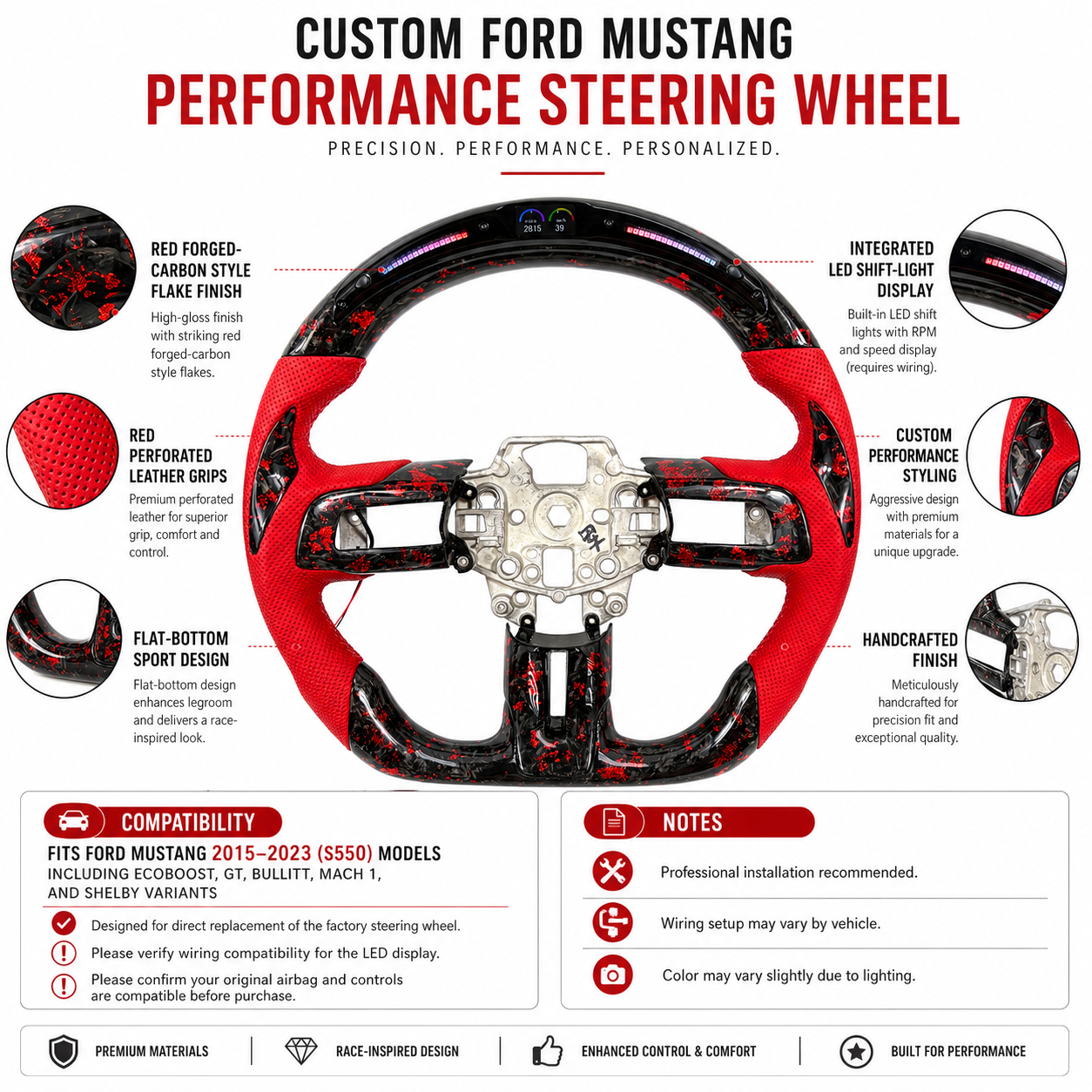 FOR Ford Mustang S550/GT 2015-2023 Carbon Fiber Steering Wheel - Red Forged Carbon Fiber & Red Perforated Leather & LED & Airbag Cover - CJ Mod Garage & Product Details Image