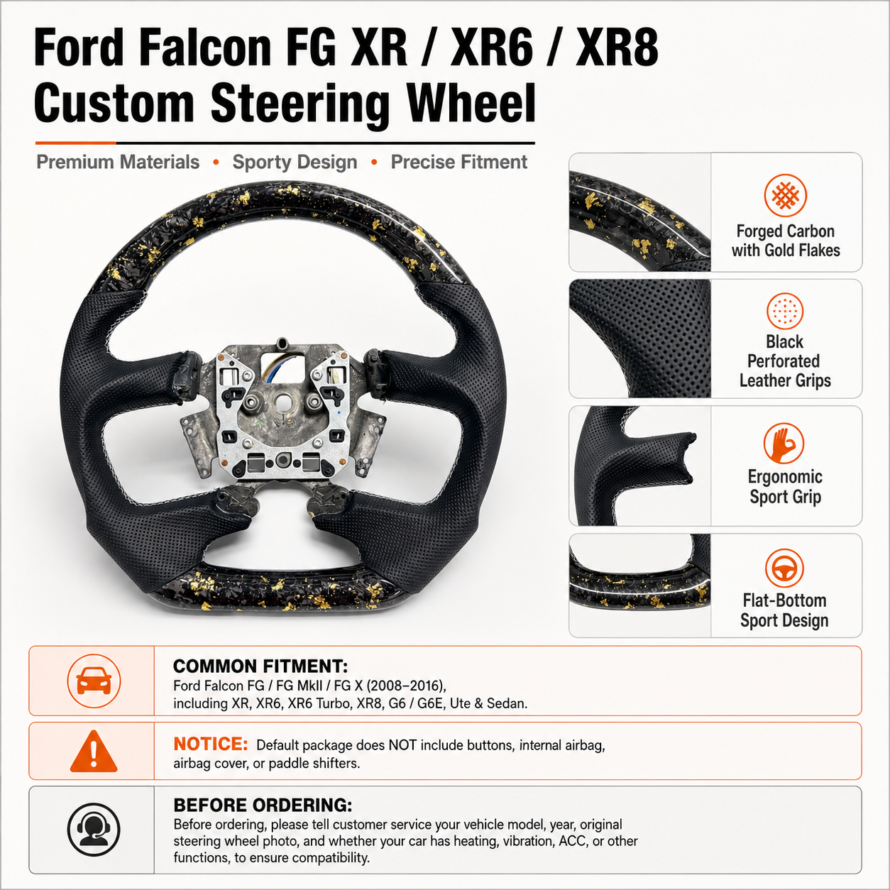 Ford Falcon FG XR XR6 XR8 custom steering wheel infographic showing gold flake forged carbon black perforated leather and flat bottom design by CJ Mod Garage