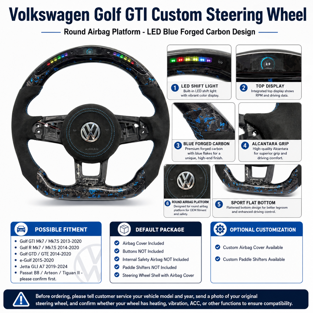 Volkswagen Golf GTI Mk7 blue forged carbon LED steering wheel detail graphic with package notes CJ Mod Garage
